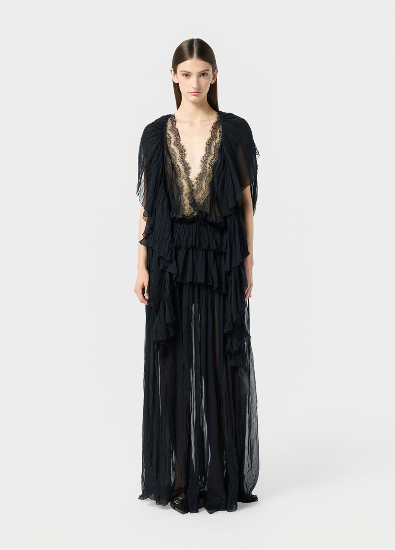 Blumarine LONG PLEATED GEORGETTE DRESS WITH LACE INSERT outlook