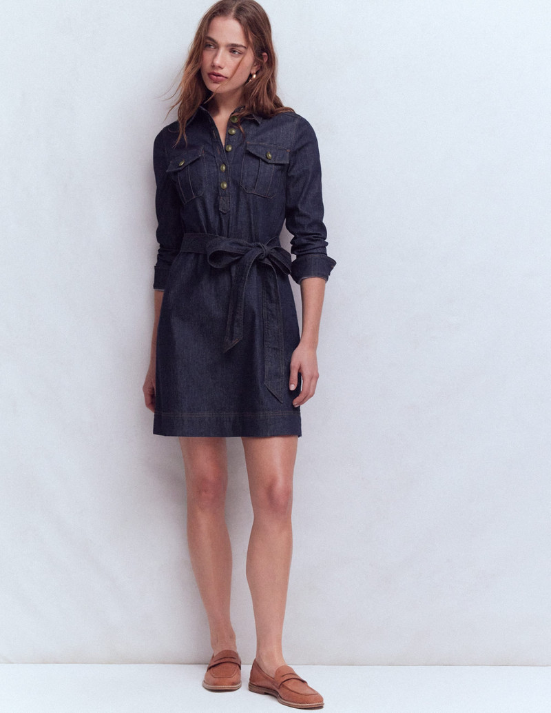 Half Placket Denim Dress-Indigo Wash 5