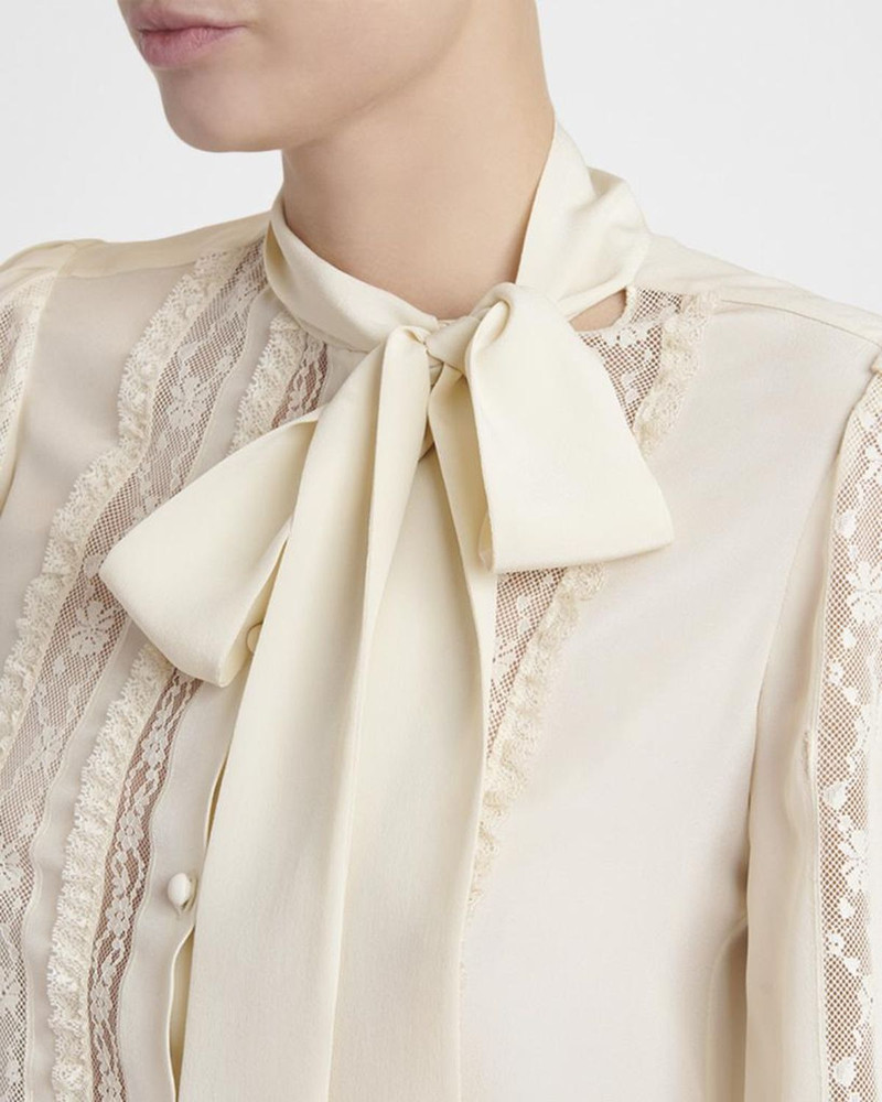 Lace-Inset Ruffle Bow-Neck Silk Shirt 5