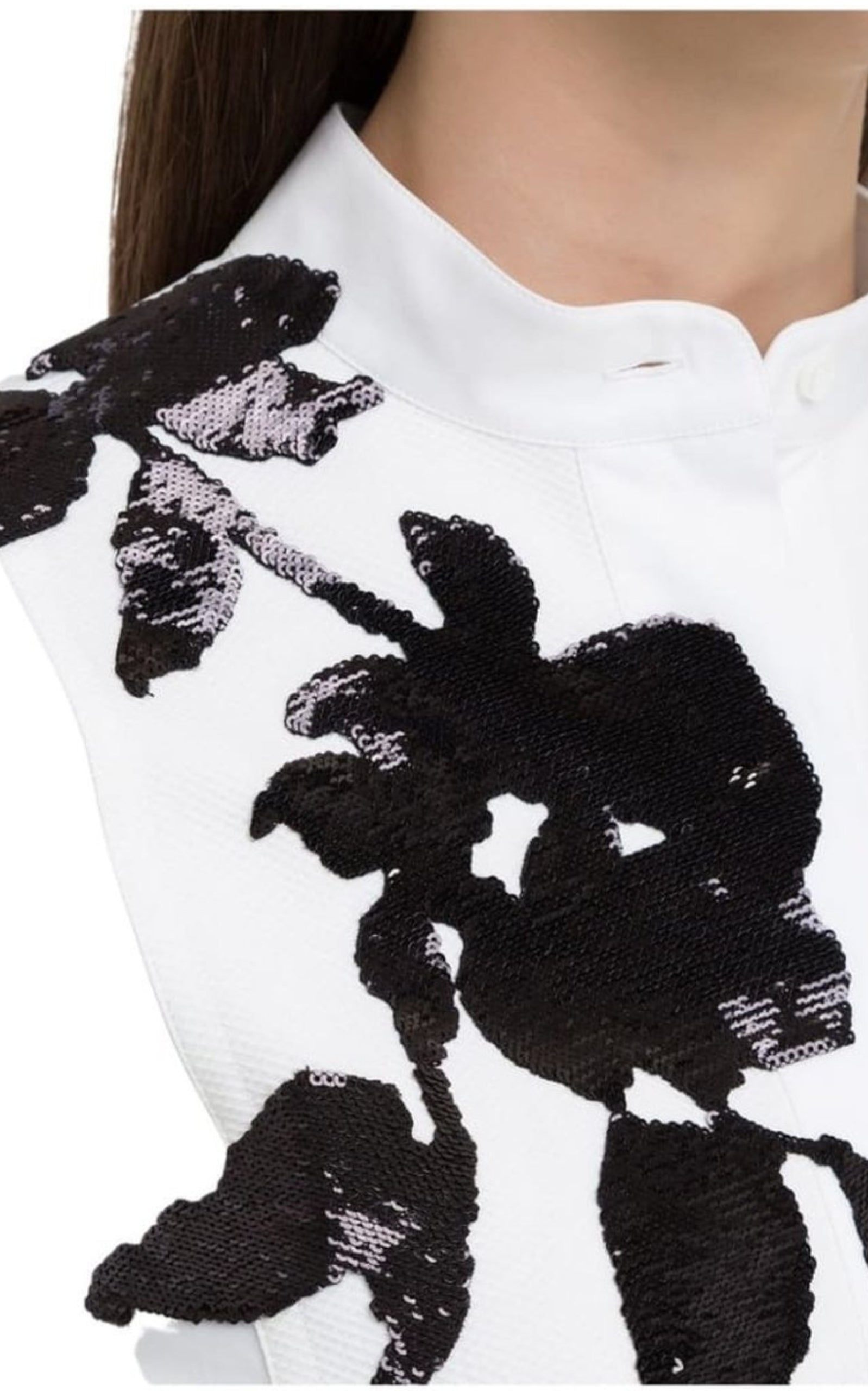 White Floral Embroidery Cotton Shirt with Tie - 5