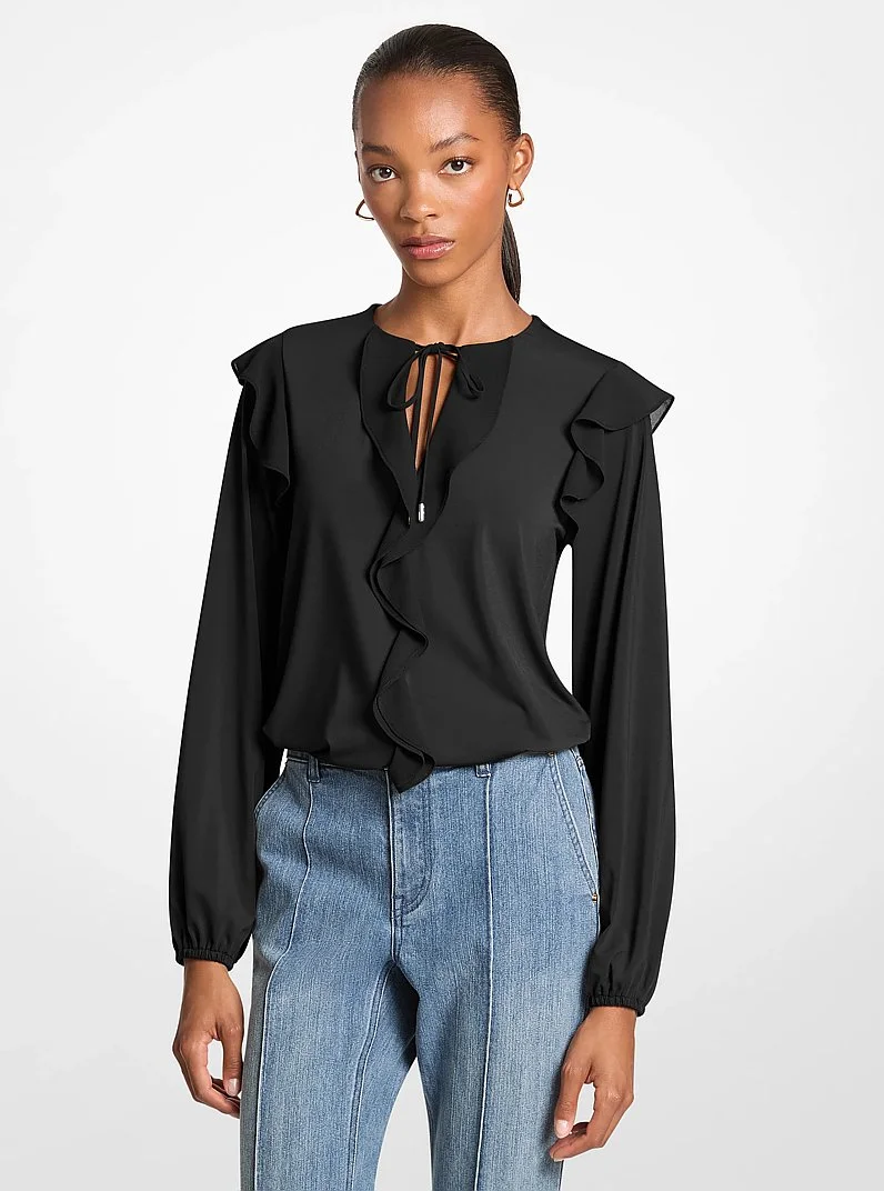 Ruffled Georgette Long-Sleeve Top - 1