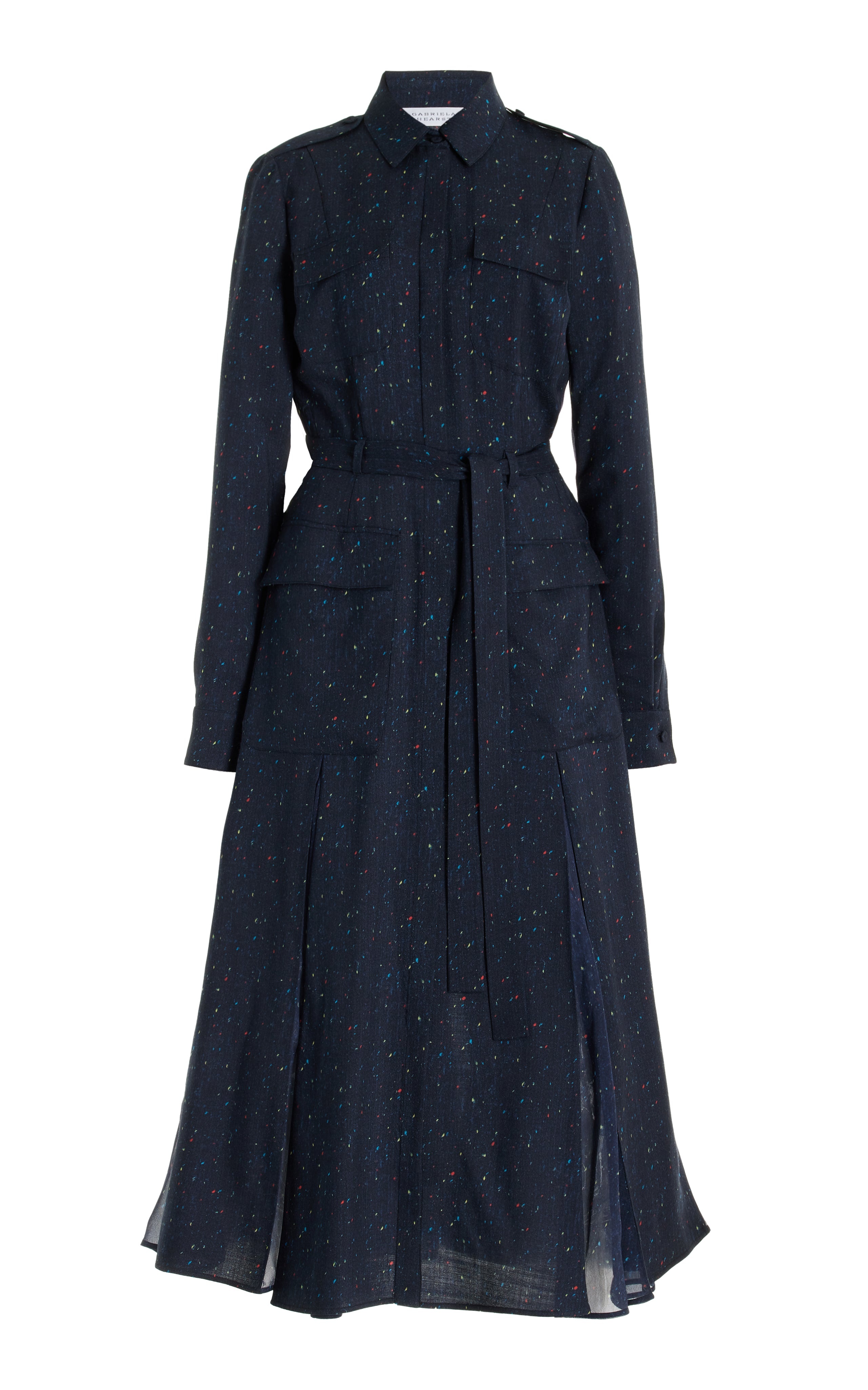 Meyer Pleated Shirtdress in Dark Navy Multi Wool Silk - 1
