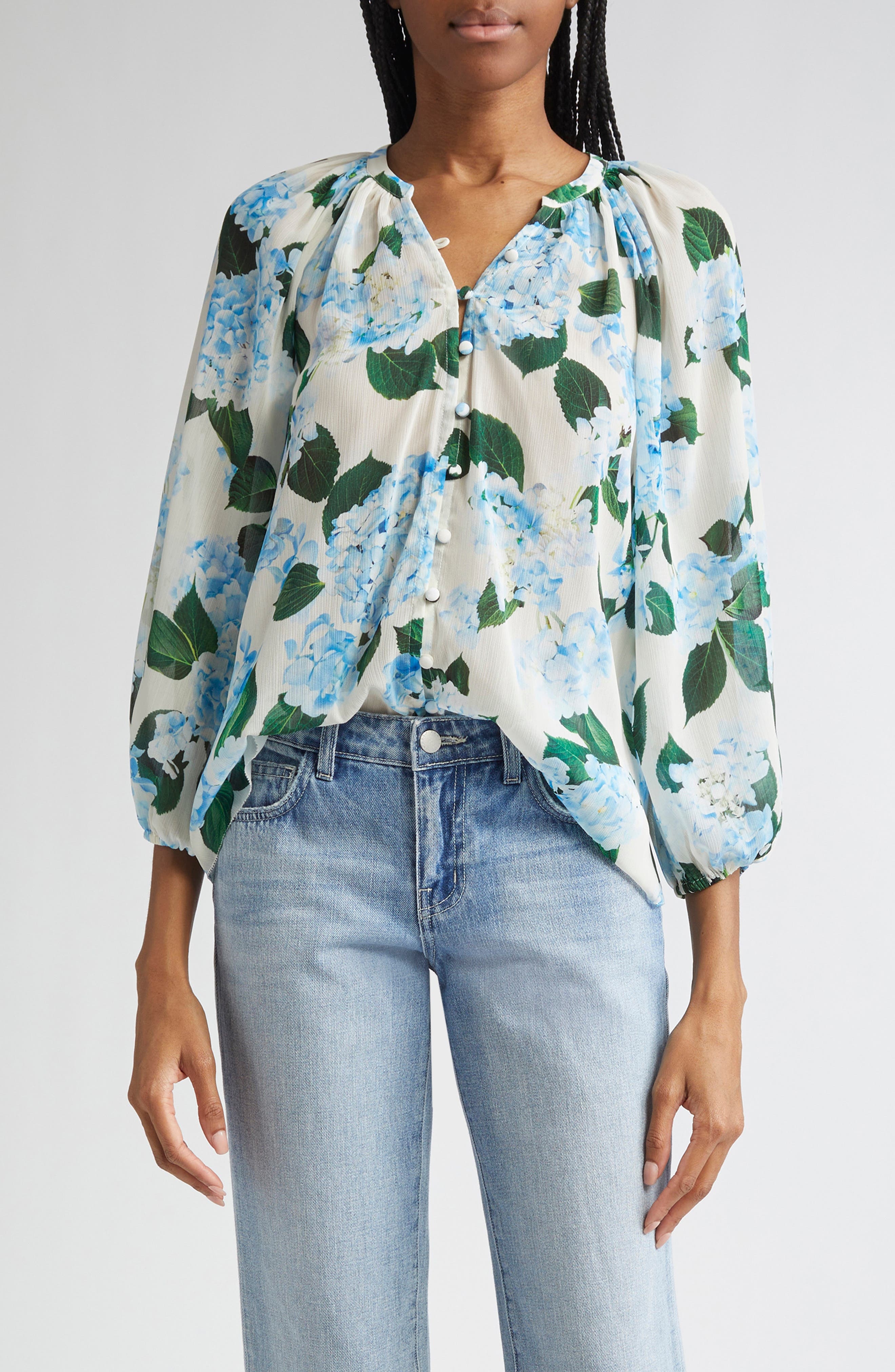 L'AGENCE Teagan Floral Puff Sleeve Top in Ivory/Light Blue Hydrangea at Nordstrom - 1