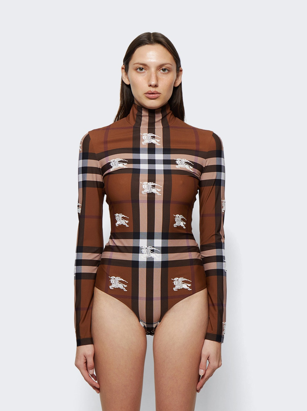 Embroidered Check Stretch Jersey Bodysuit Dark Birch Brown - 3