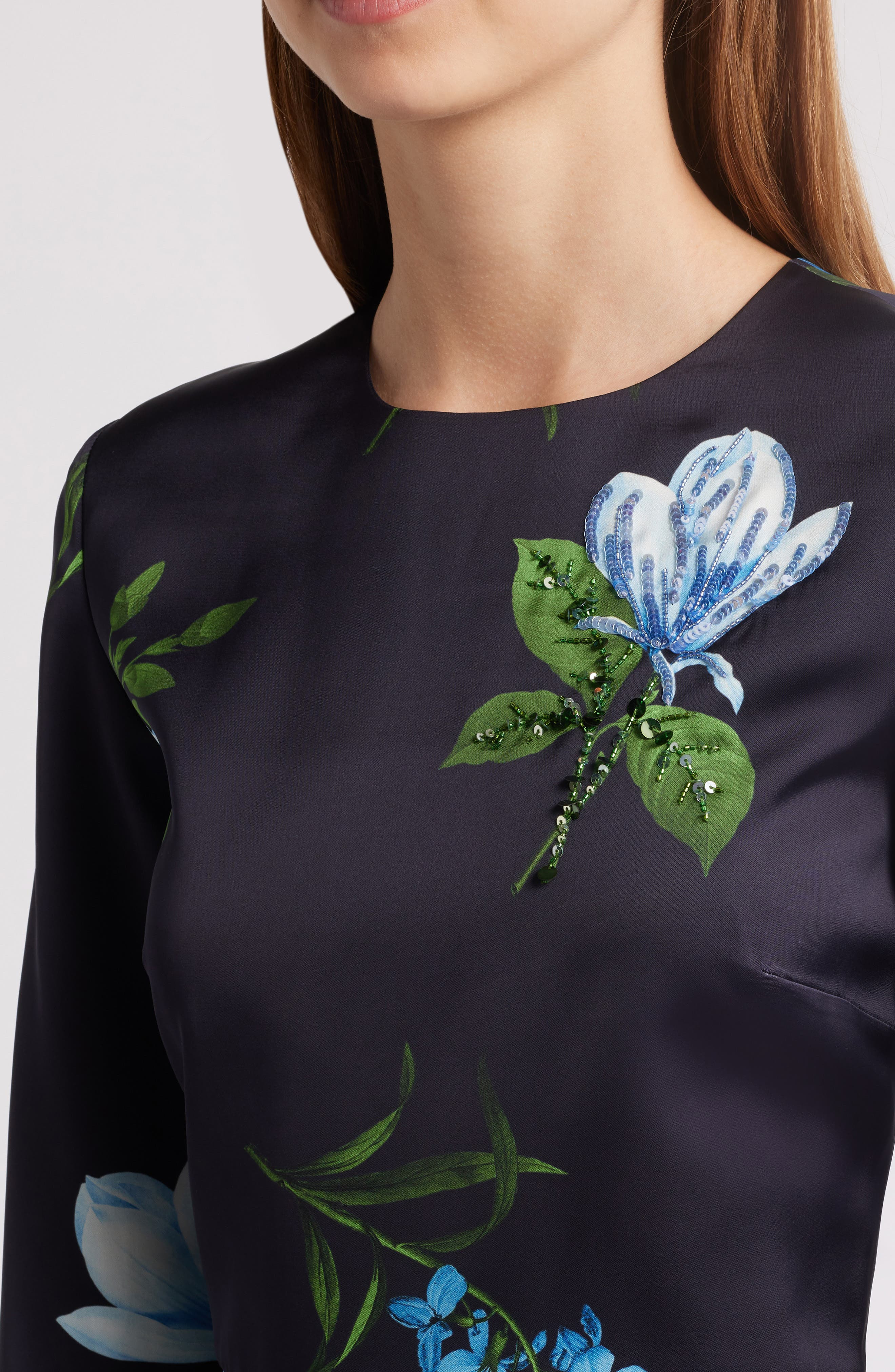 Sachin & Babi Alex Sequin Floral Long Sleeve Satin Crepe Gown in Night Sky Blue Oculata at Nordstrom - 4