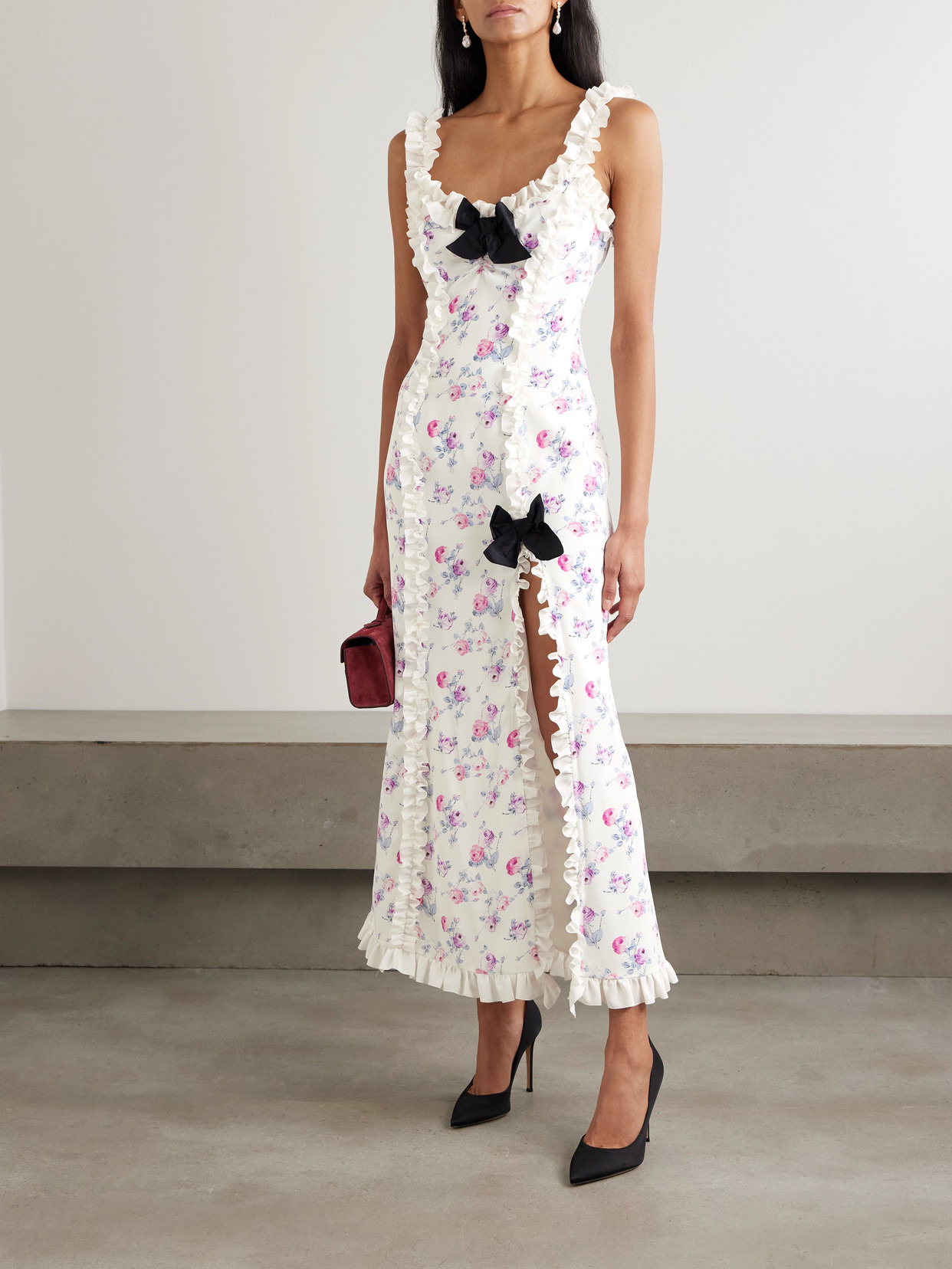 Bow-detailed Taffeta-trimmed Ruffled Floral-print Silk Crepe De Chine Midi Dress - 2