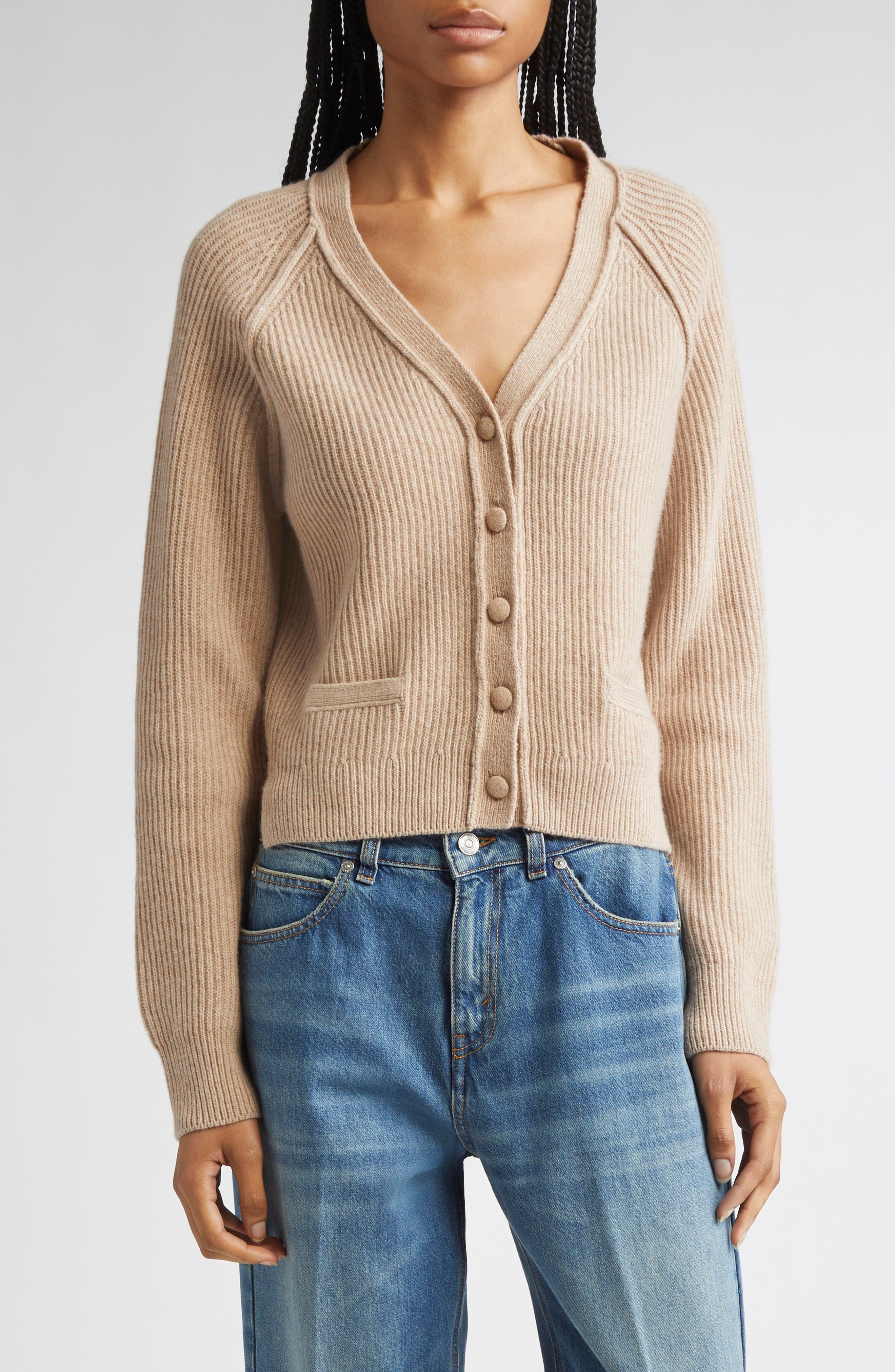 Victoria Beckham Wool & Cashmere Rib Cardigan in Sand at Nordstrom - 1