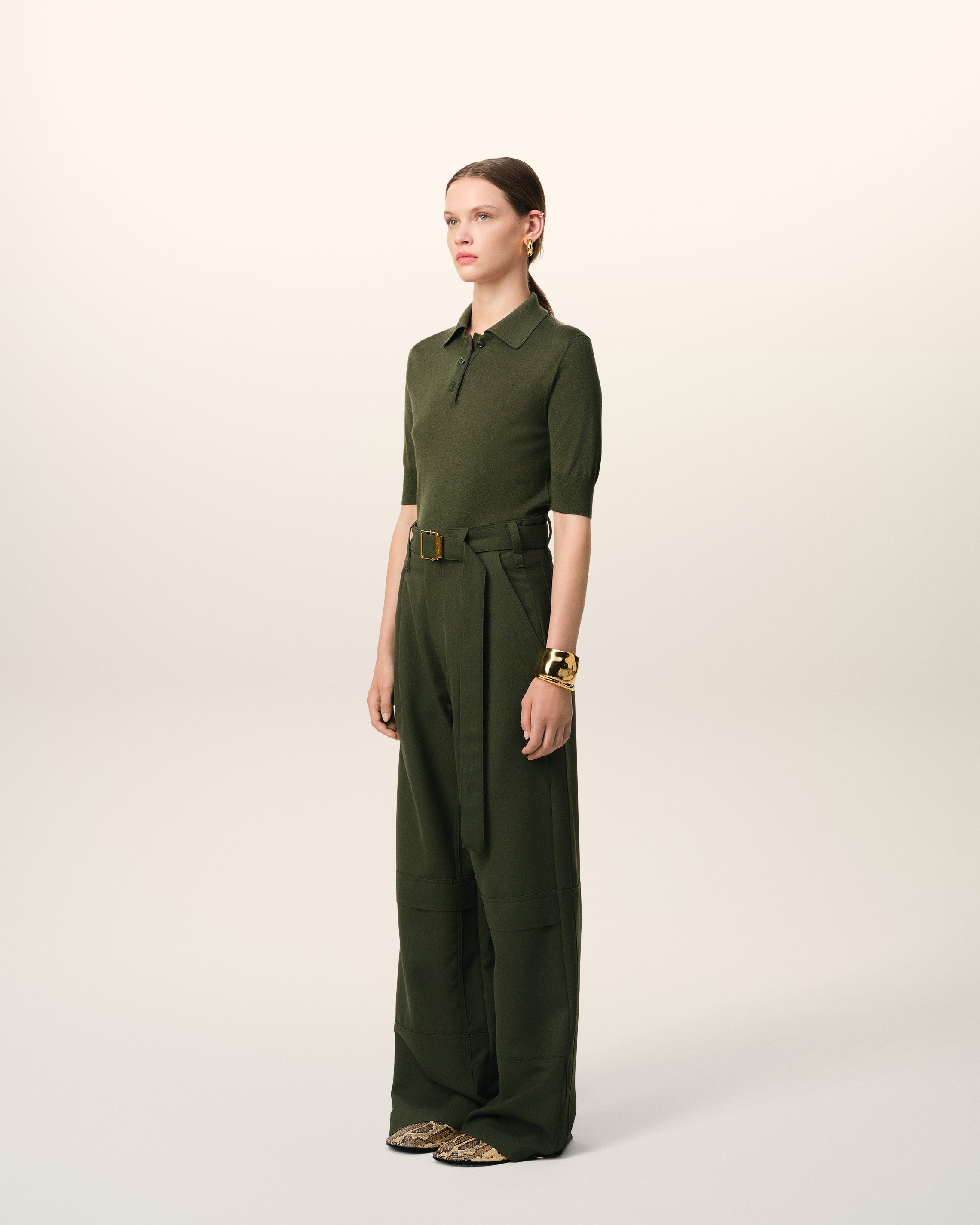 GREEN WOOL CARGO TROUSERS - 6