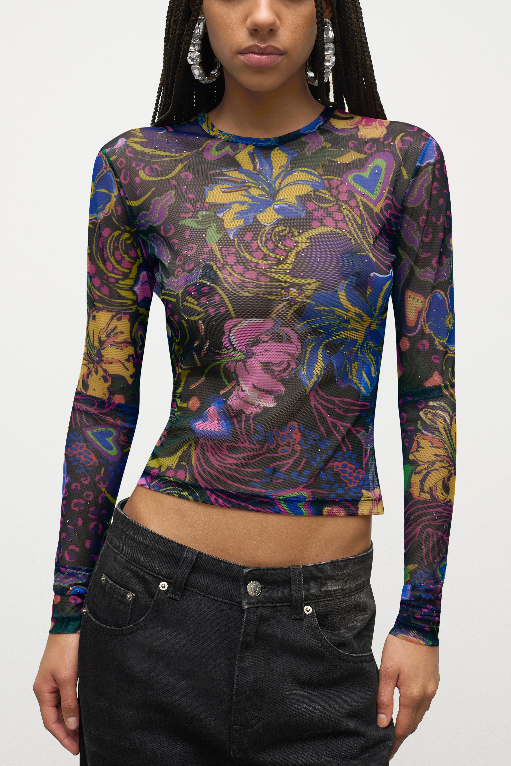 HOTFIX PRINTED TULLE LONG SLEEVE TOP - 5