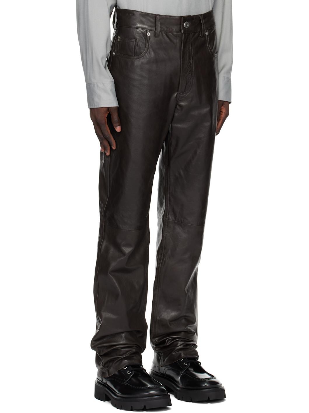 Brown Straight Fit Leather Pants - 2