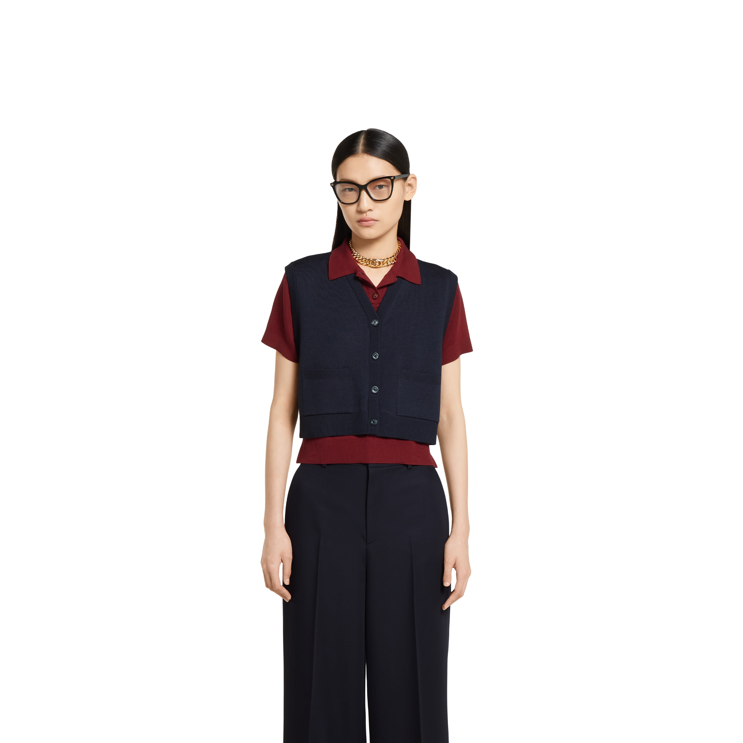 Wool silk polo top with vest overlay - 3