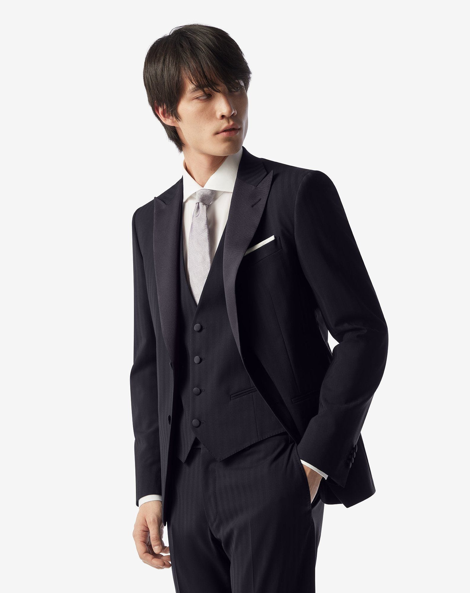 Navy blue pure wool tuxedo with waistcoat - 4