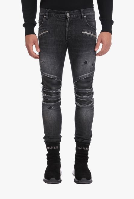 Slim-fit ripped black cotton and pleather jeans - 8