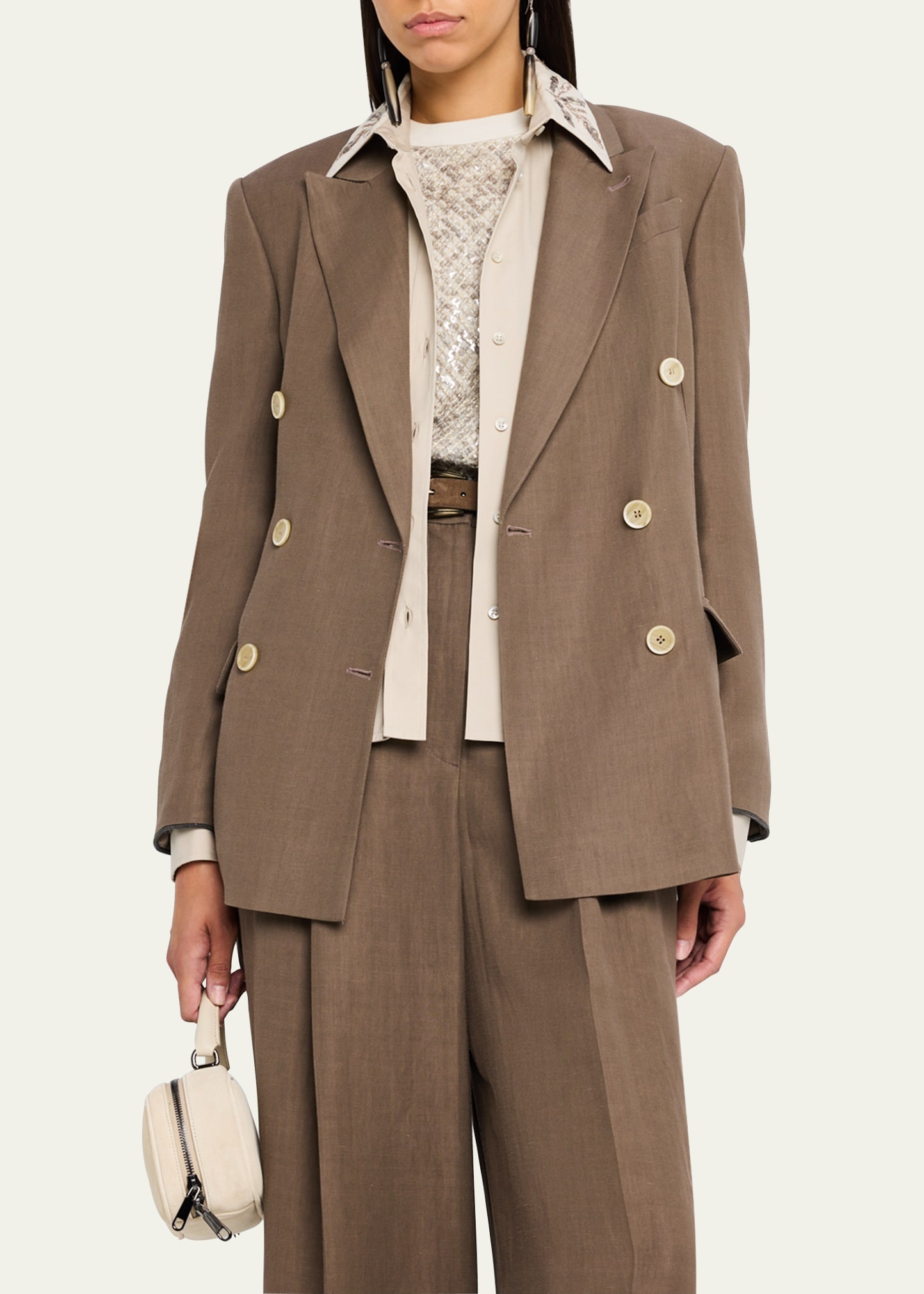 Double-Breasted Fluid Linen Twill Blazer - 4