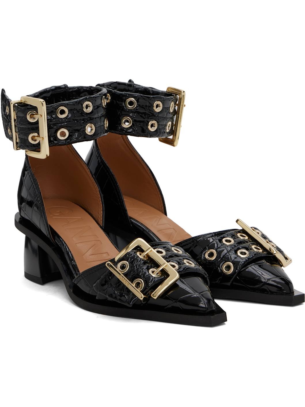 Black Feminine Buckle Open Cut Heels - 4