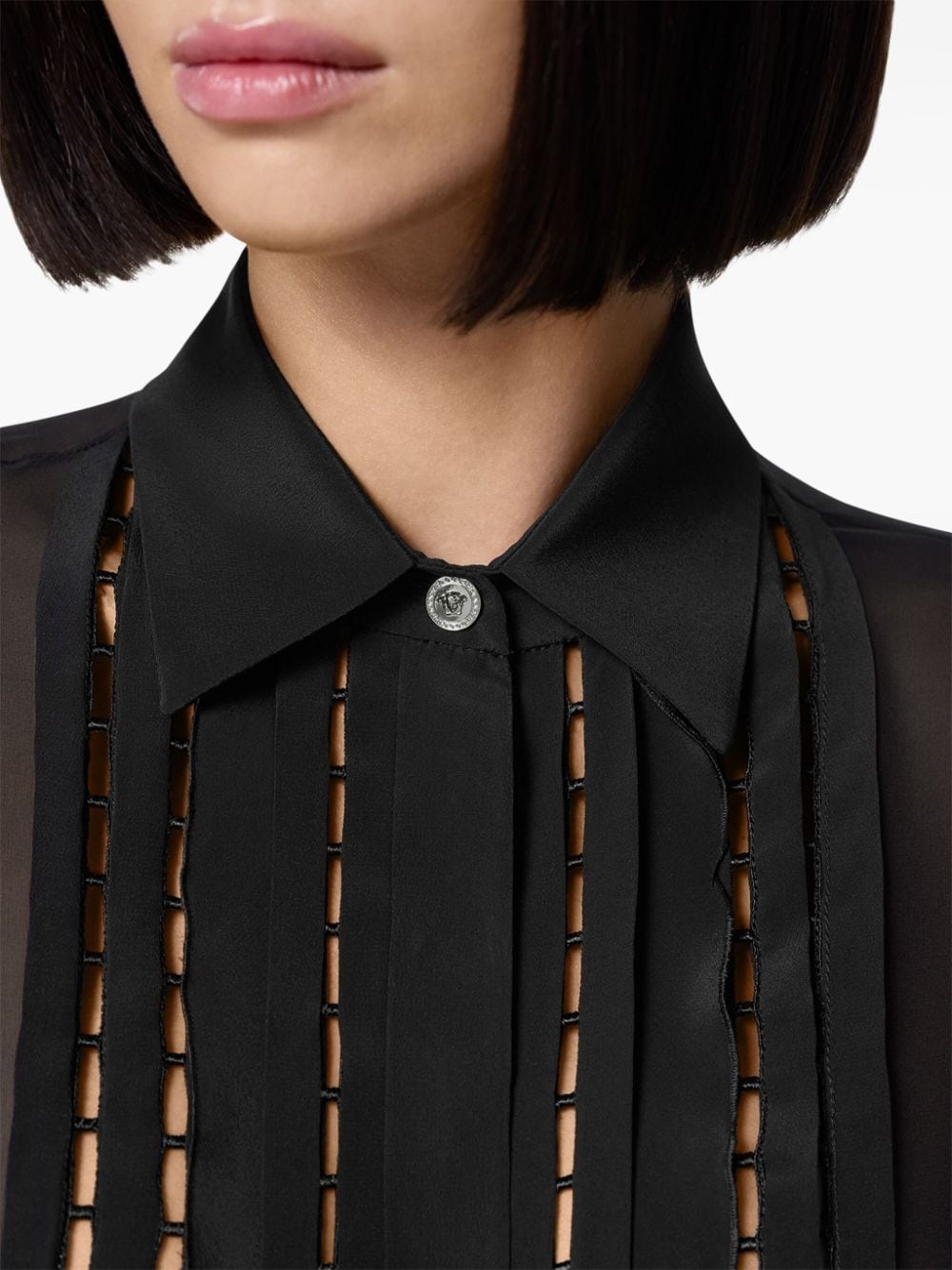 pussy bow-collar semi-sheer shirt - 5