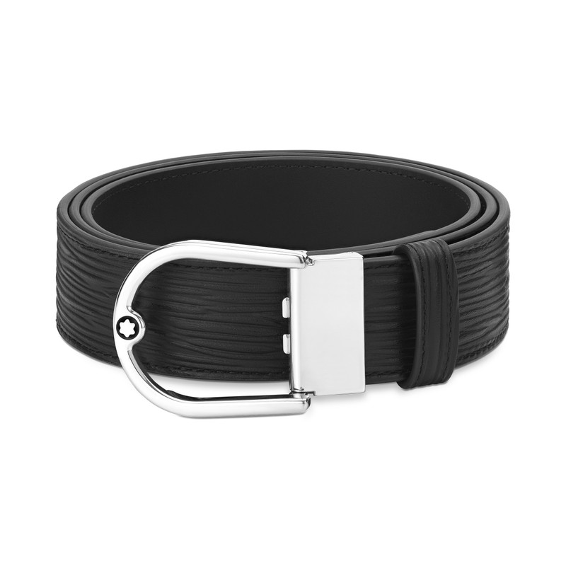 HORSESHOE BUCKLE PRINTED BLACK/PLAIN BLACK 35 MM REVERSIBLE LEATHER BELT 1