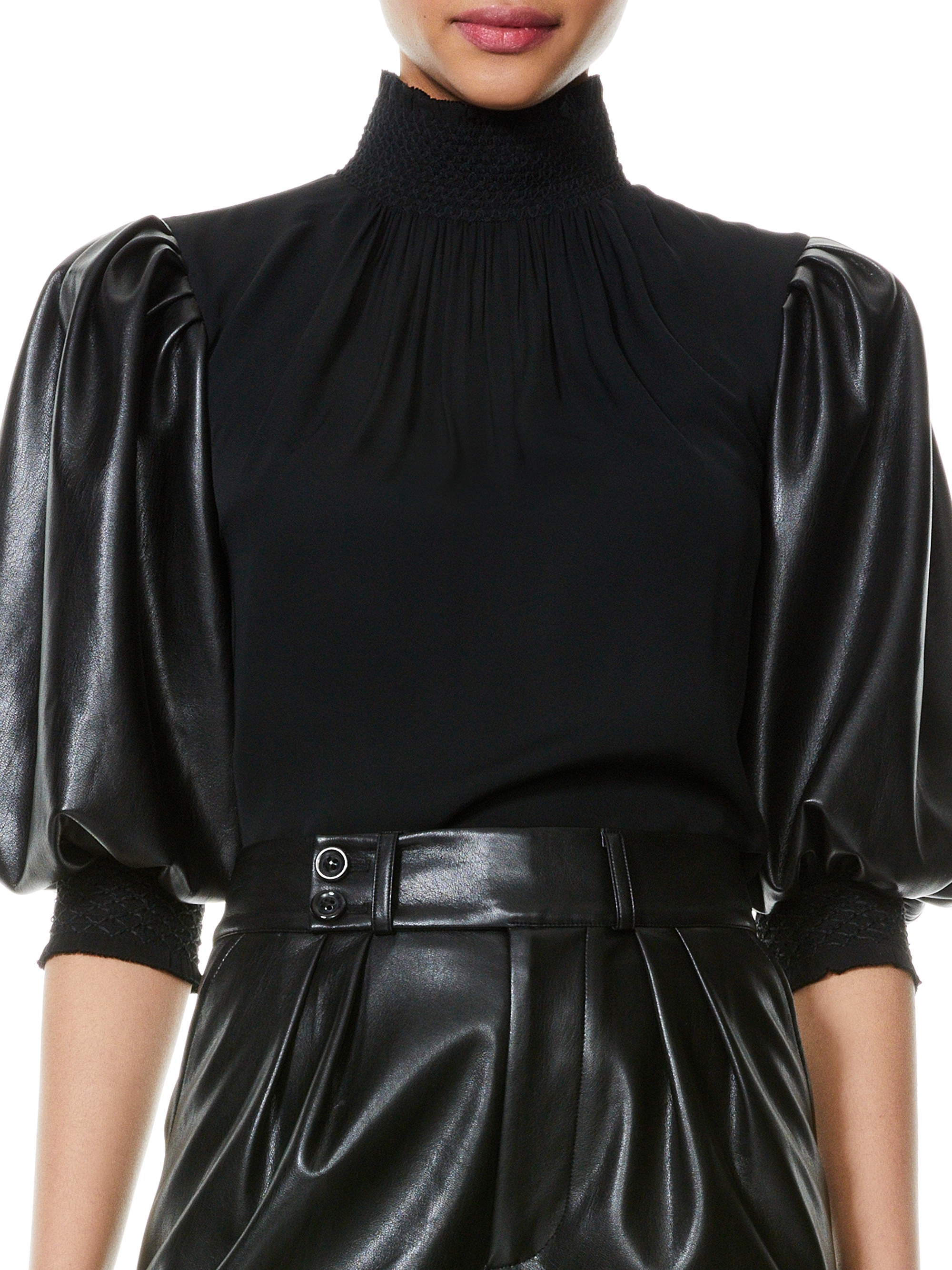 CARMINA VEGAN LEATHER SLEEVE BLOUSE - 5