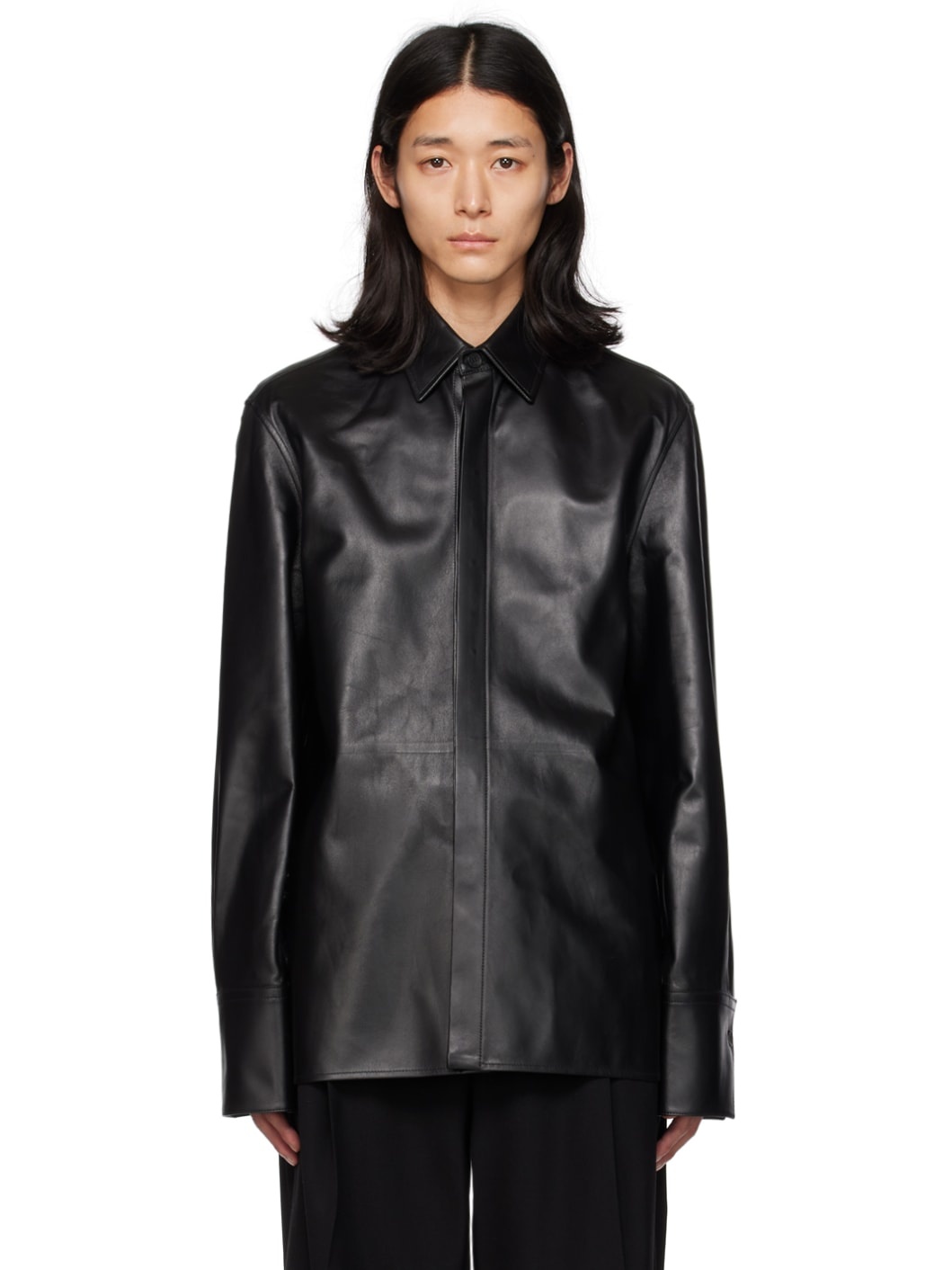 Black Paneled Leather Shirt - 1