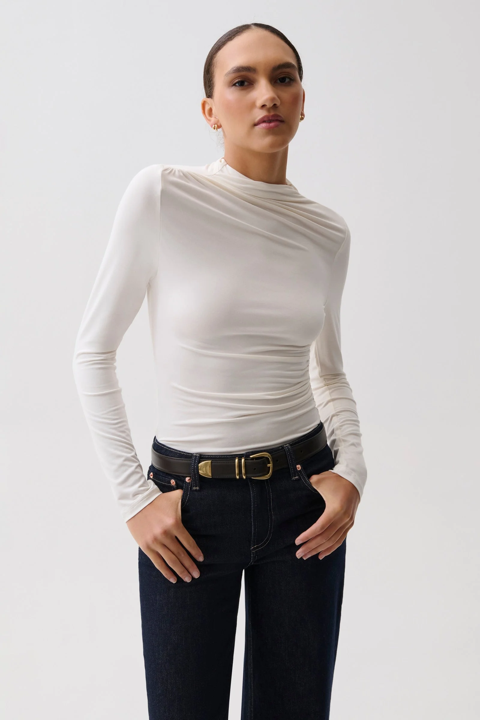 NATHALIA DRAPED MOCK NECK - SOFT WHITE - 1