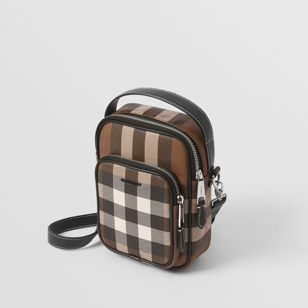 Check and Leather Crossbody Bag - 4