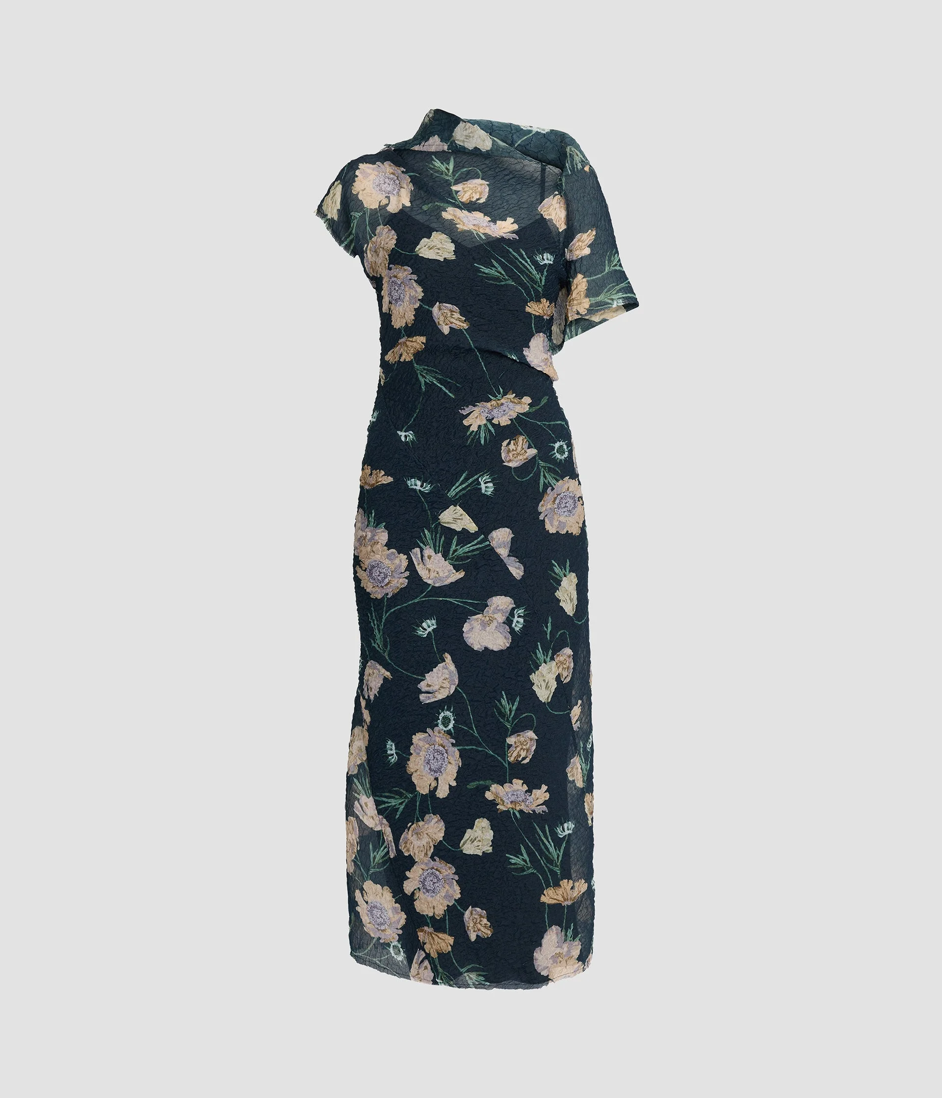 FLORAL ORGANZA CLOQUE ASYMMETRIC MIDI DRESS - 1