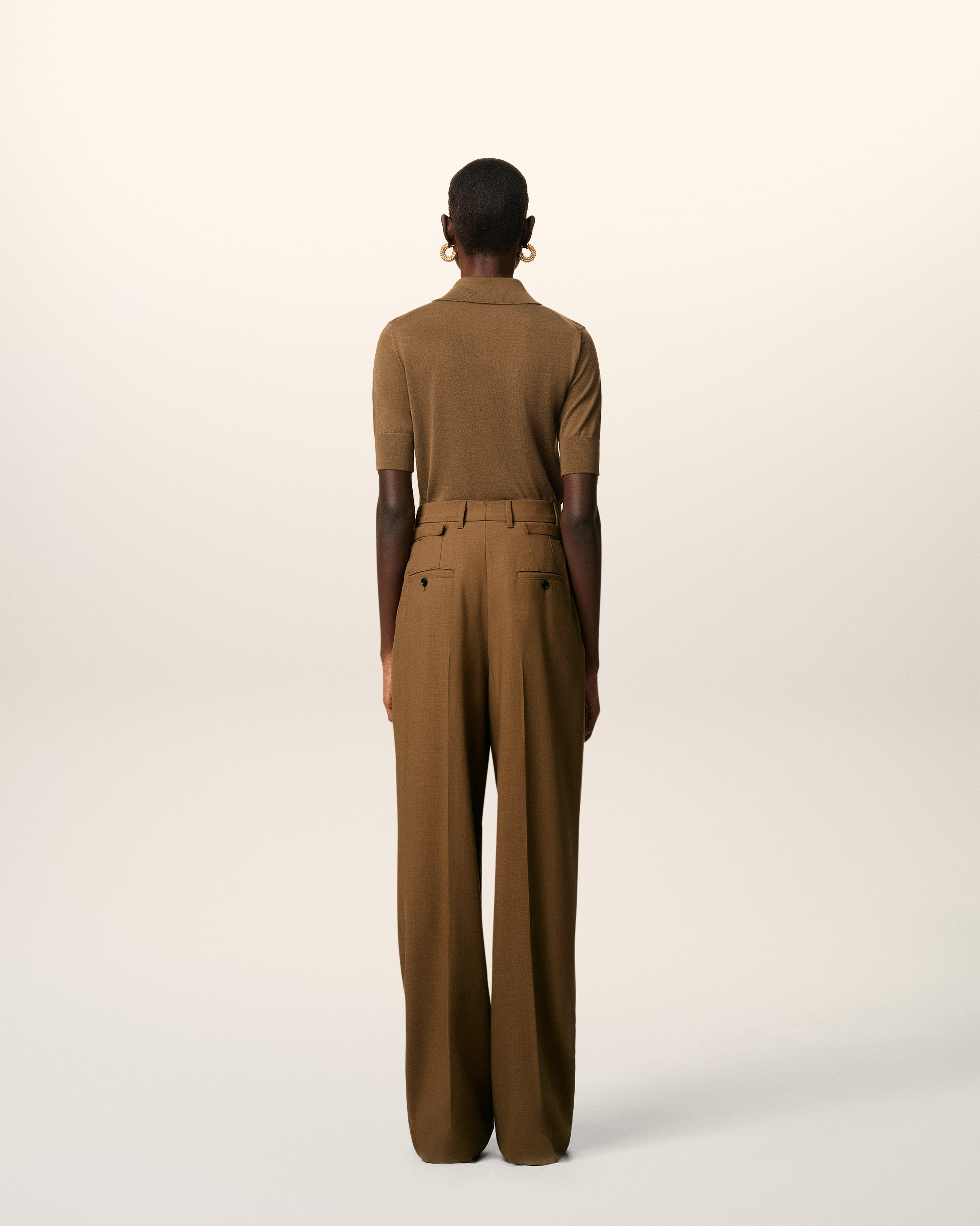 BROWN WOOL HIGH WAIST TABS WIDE TROUSERS - 4