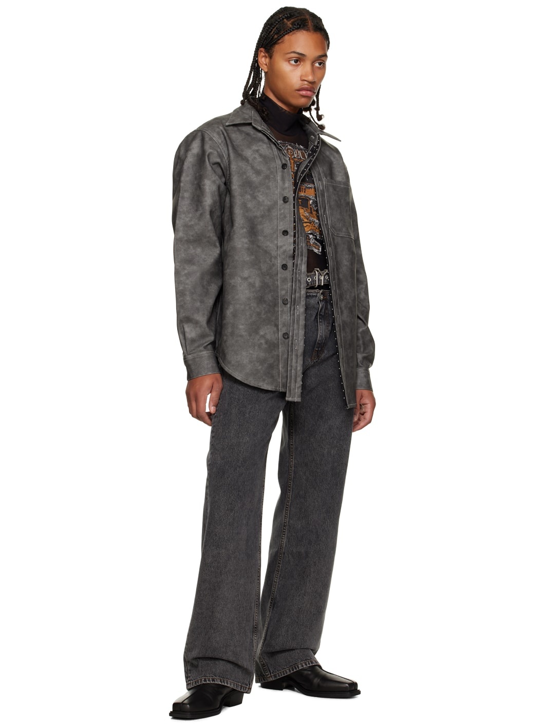 Gray Hook-Eye Faux-Leather Shirt - 5