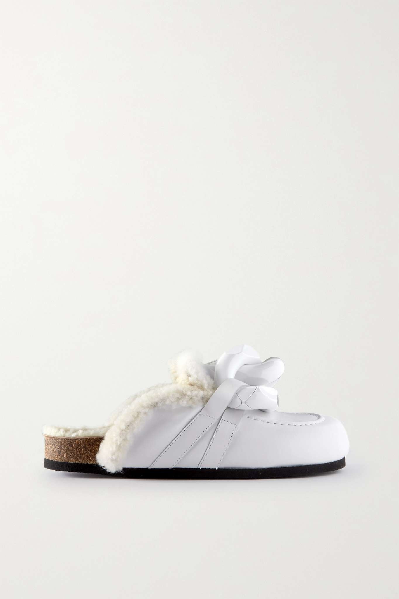 Chain-embellished shearling-lined leather slippers - 1