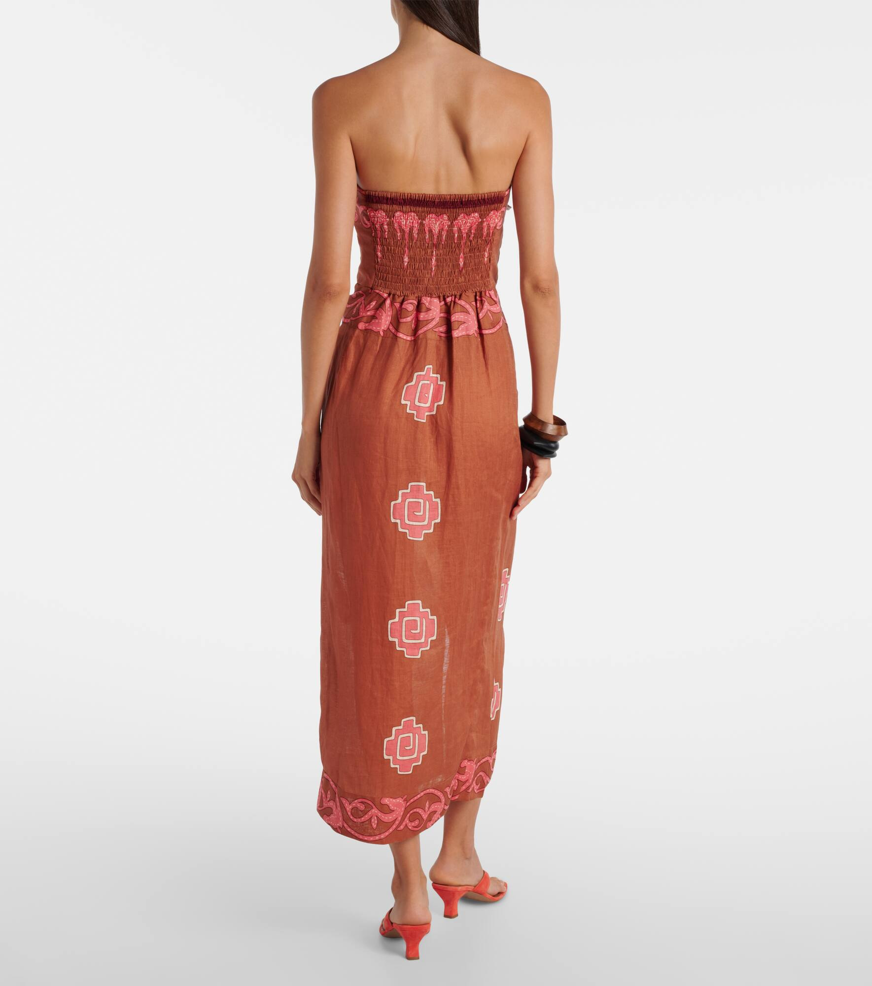 Embroidered smocked linen midi dress - 3