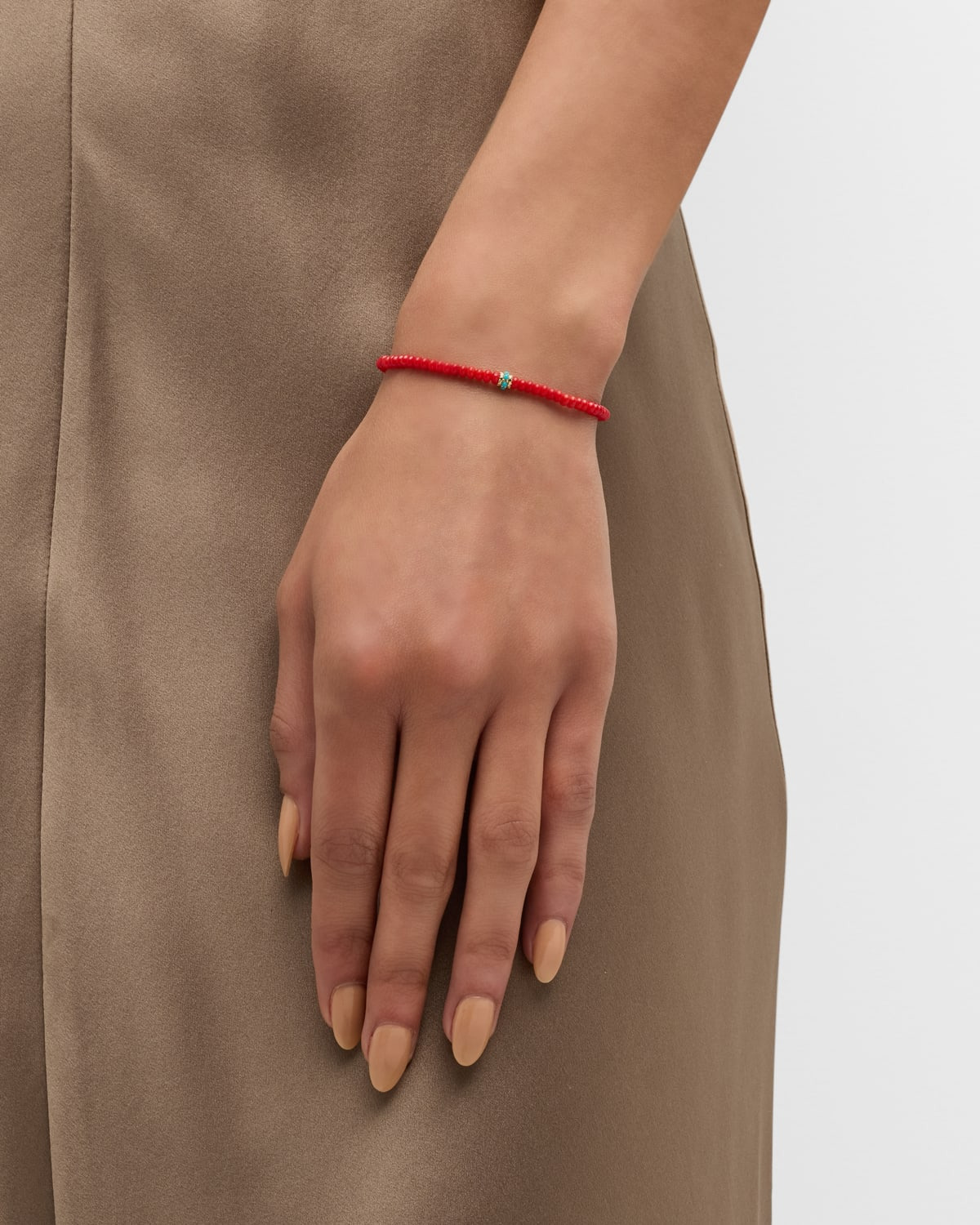 Gold and Turquoise Scallop Rondelle on Red Bamboo Coral Bracelet - 2
