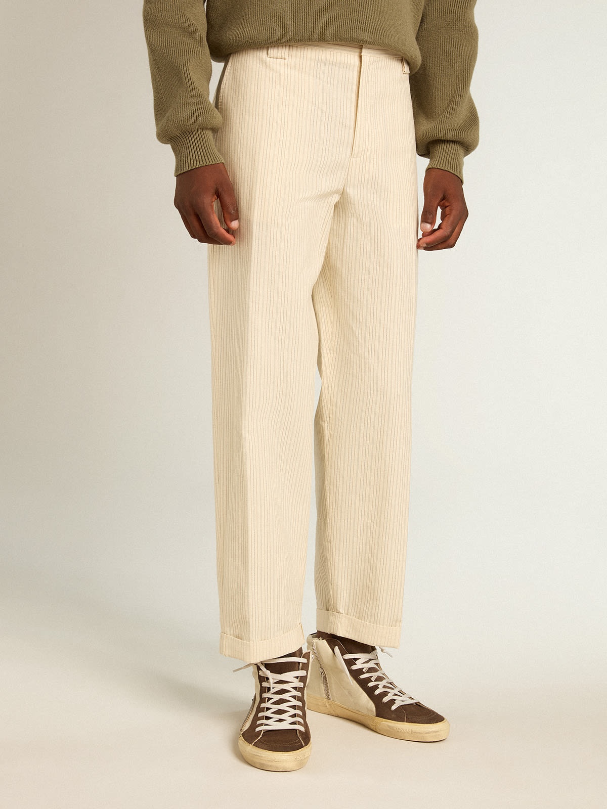 Men's cream-colored pants in striped cotton - 2