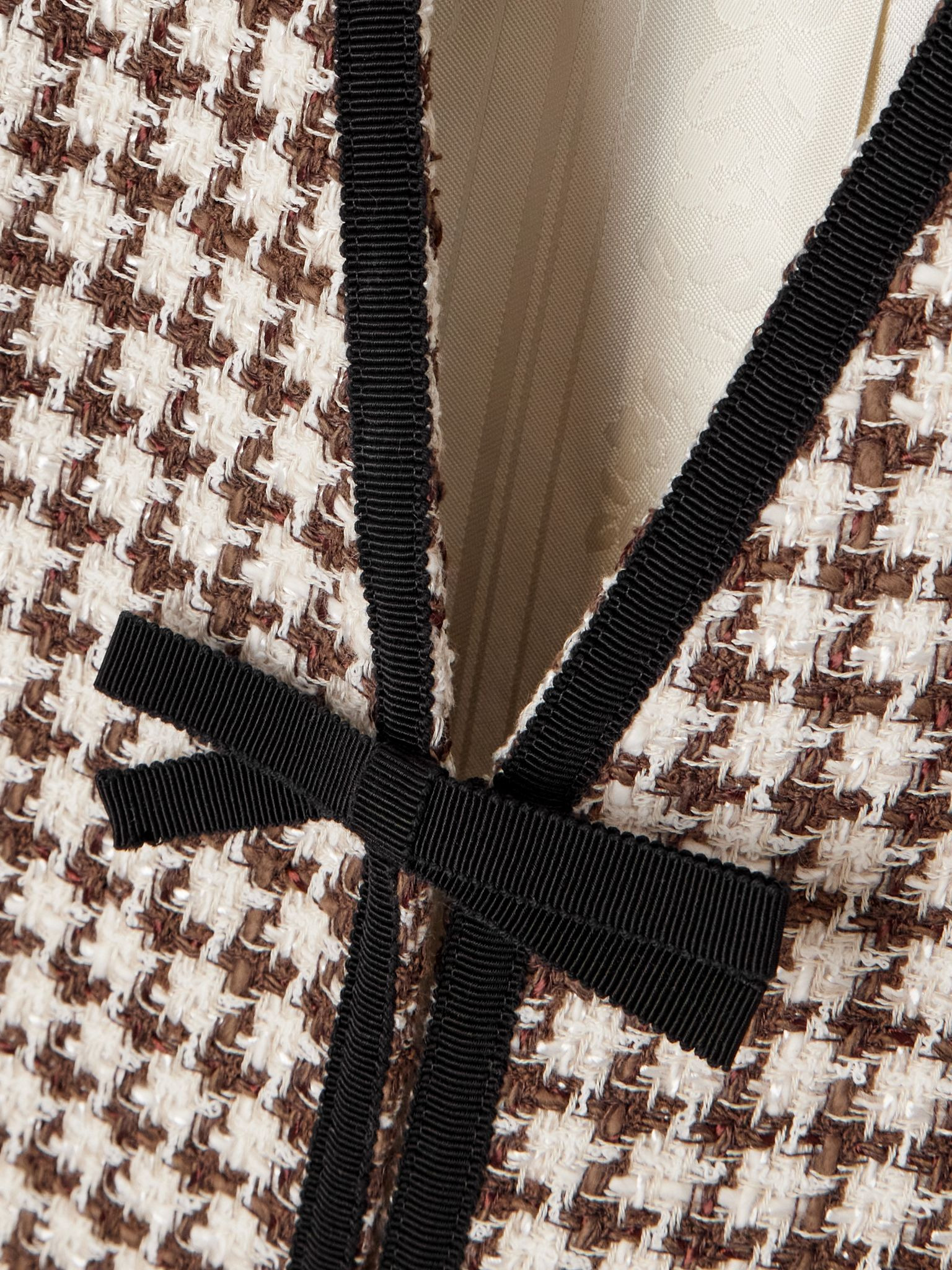 Grosgrain-trimmed houndstooth cotton-blend tweed jacket Cream - 5
