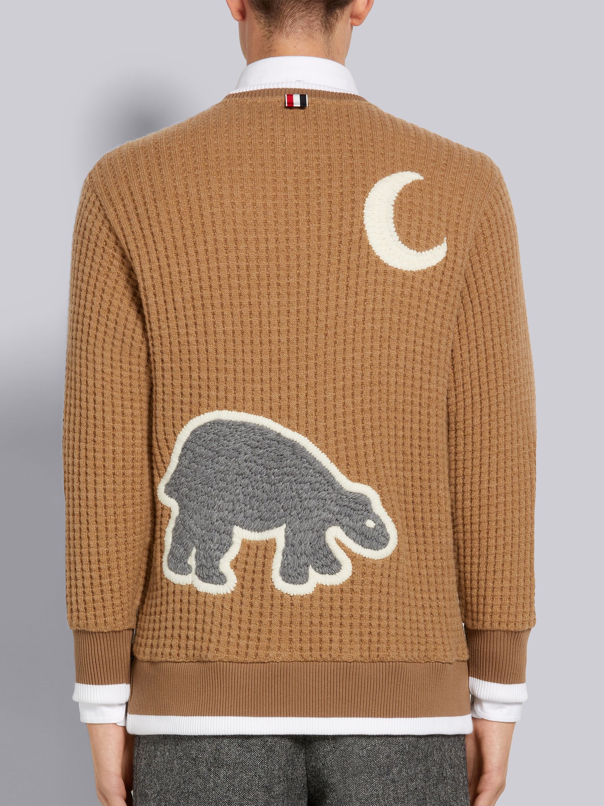 Camel Chunky Wool Waffle Engineered Bear Embroidery Relaxed Fit Crew Neck Sweatshirt - 3