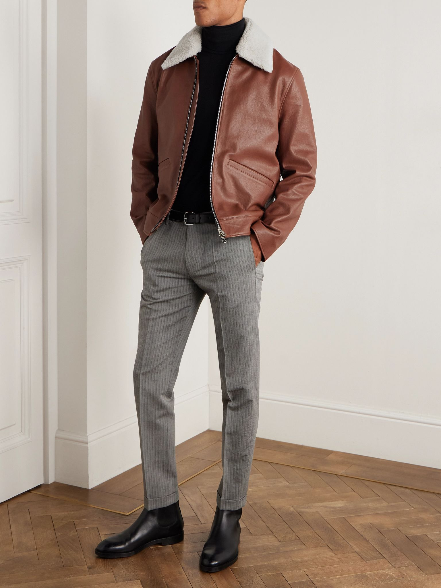 Shearling-Trimmed Leather Jacket Brown - 2