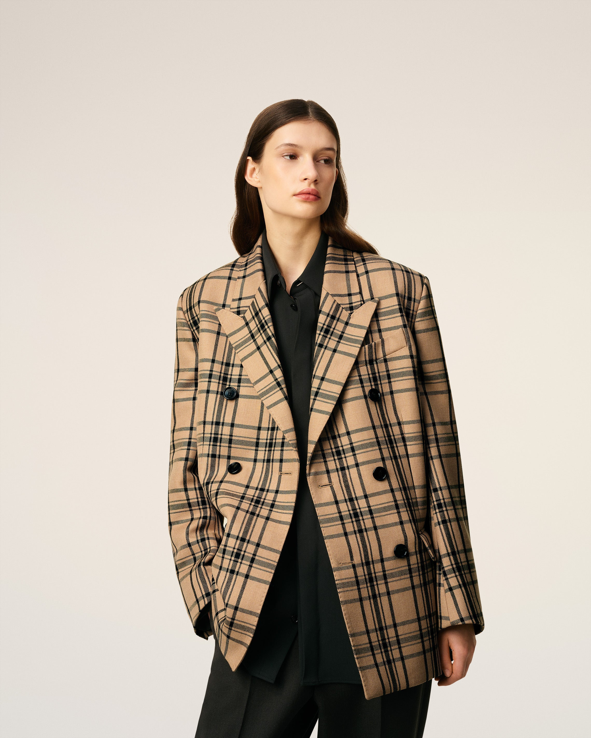 BROWN WOOL CHECKED LOOSE DOUBLE BREASTED JACKET - 3