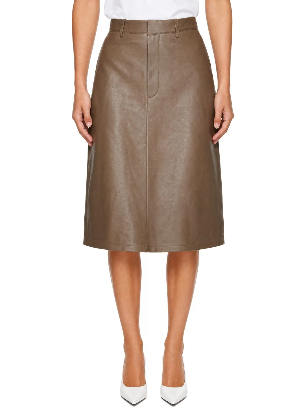 Brown Kick Detail Leather Midi Skirt - 1