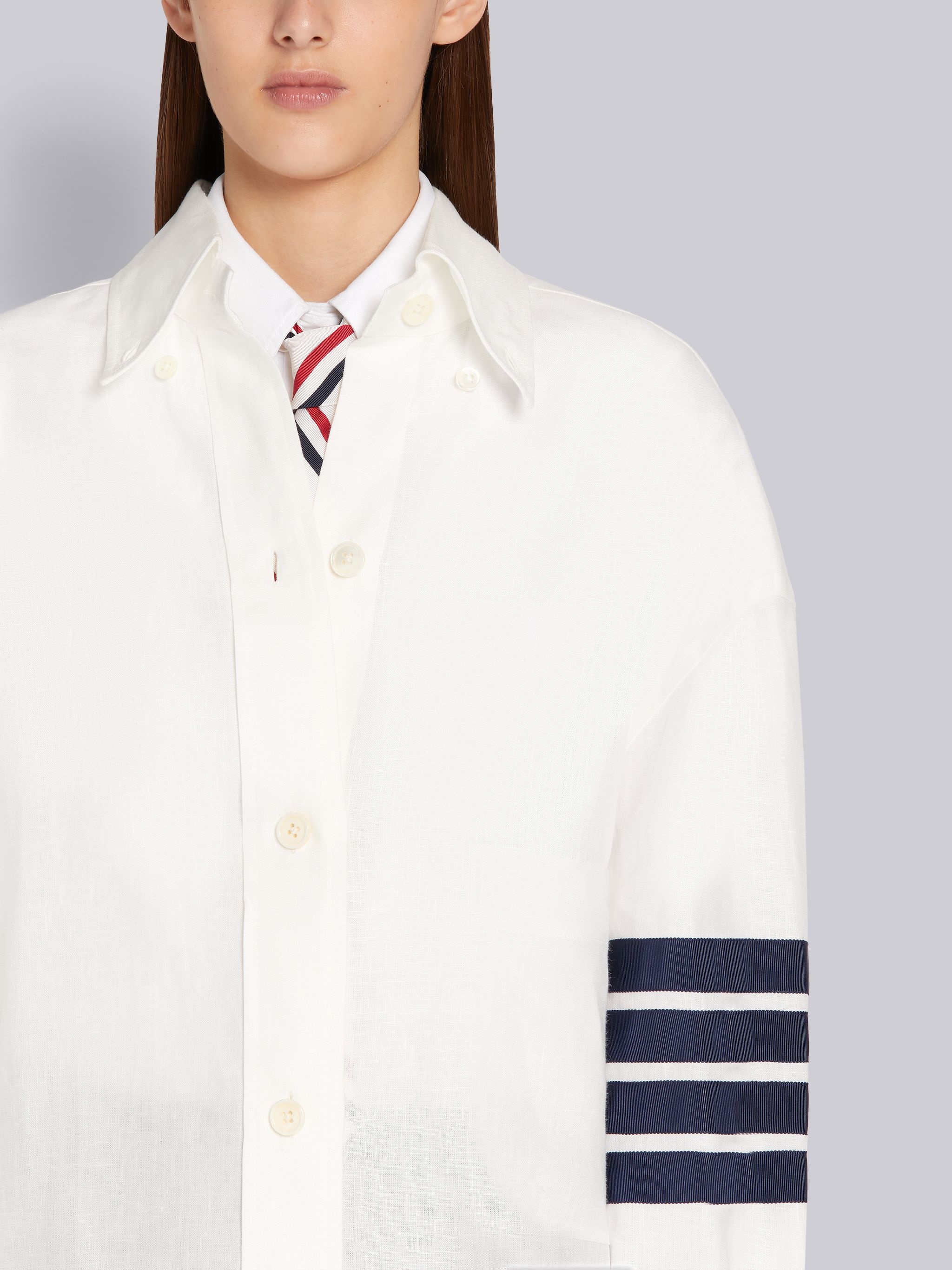 White Linen Supersized Long Sleeve 4-Bar Button Down Shirt - 5