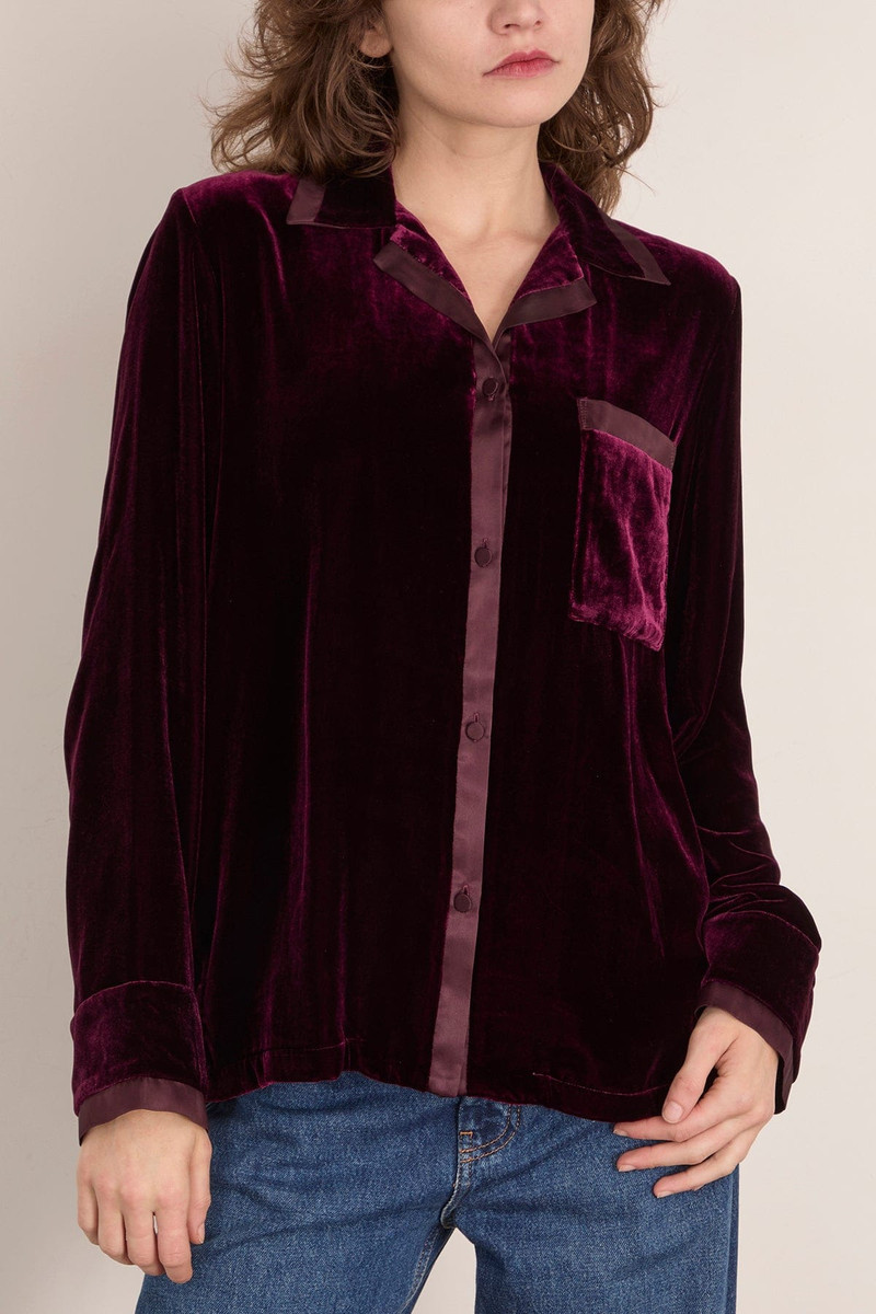 Plain Velvet Pajama Shirt in Bordeaux 3