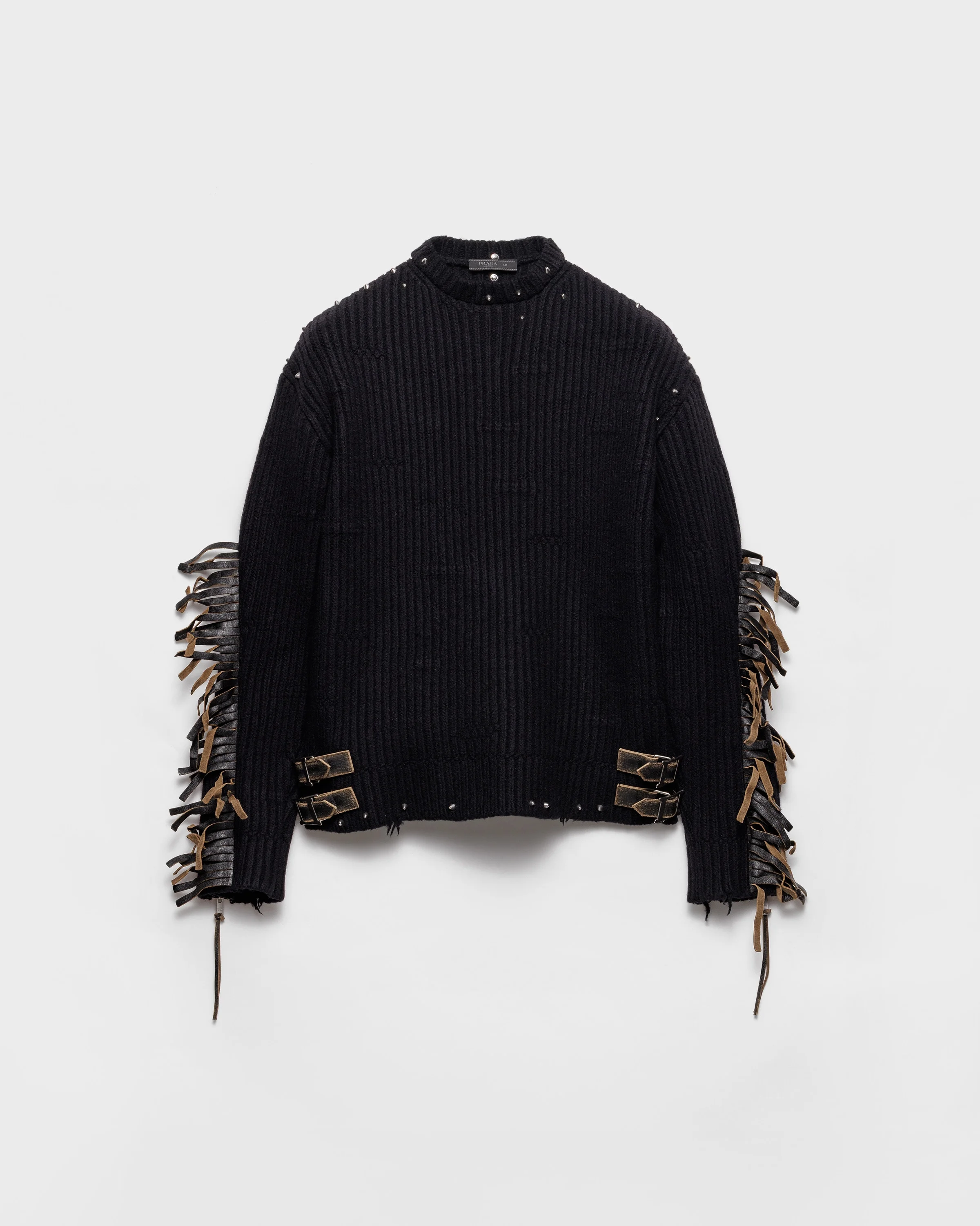 Wool crew-neck sweater with fringe and studs - 1
