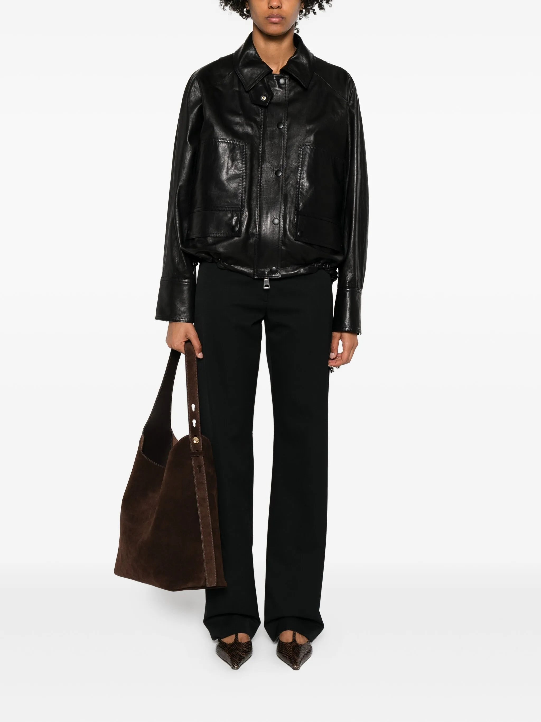 drawcord-hem leather jacket - 2