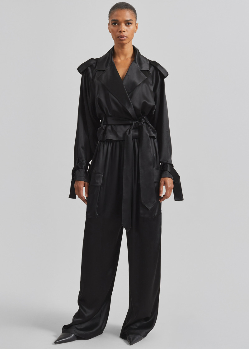 The Frankie Shop Simona Satin Short Trench - Black outlook