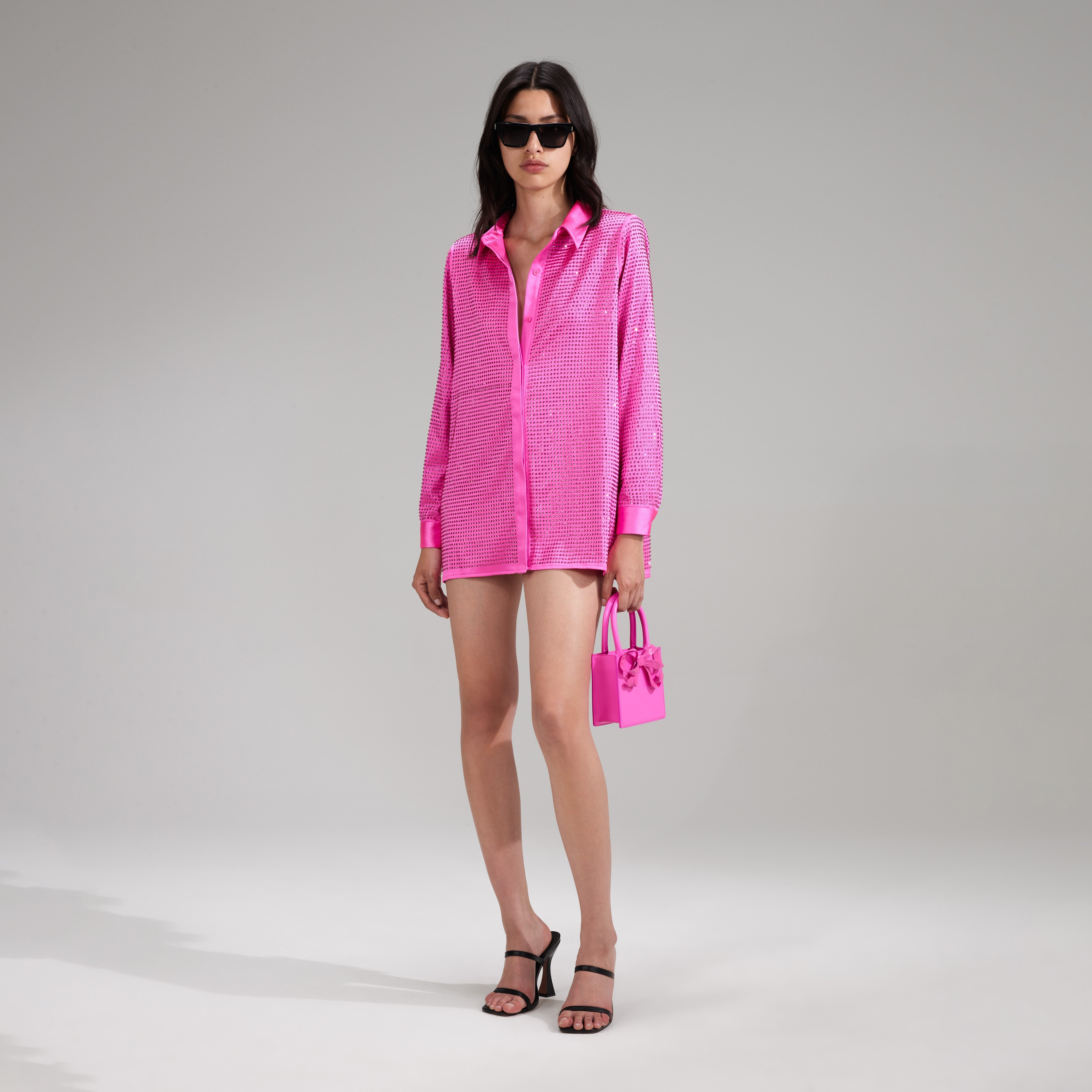 Pink Rhinestone Satin Shirt - 2