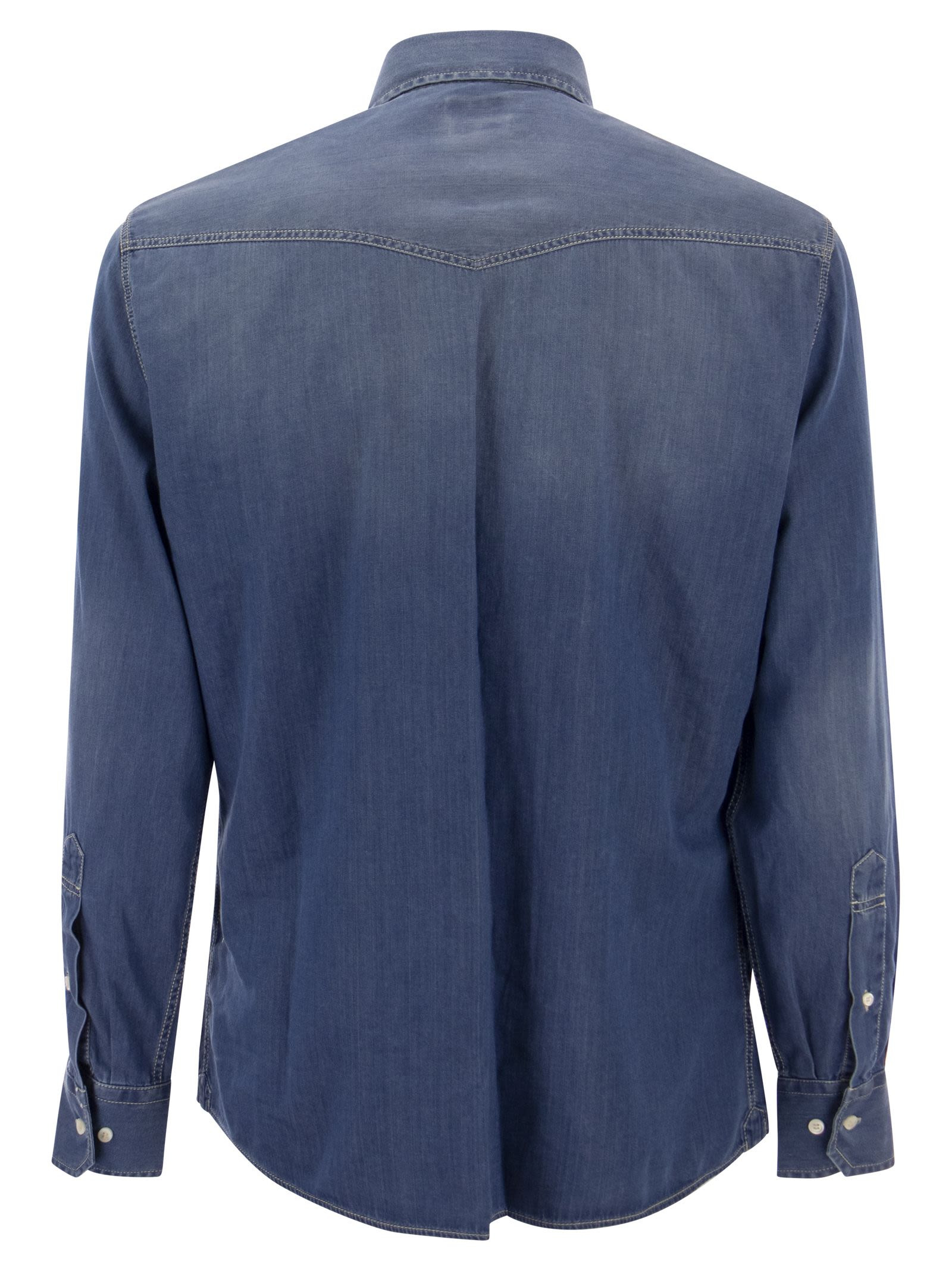 Brunello Cucinelli Men Easy Fit Shirt In Light Denim With Press Studs - 2