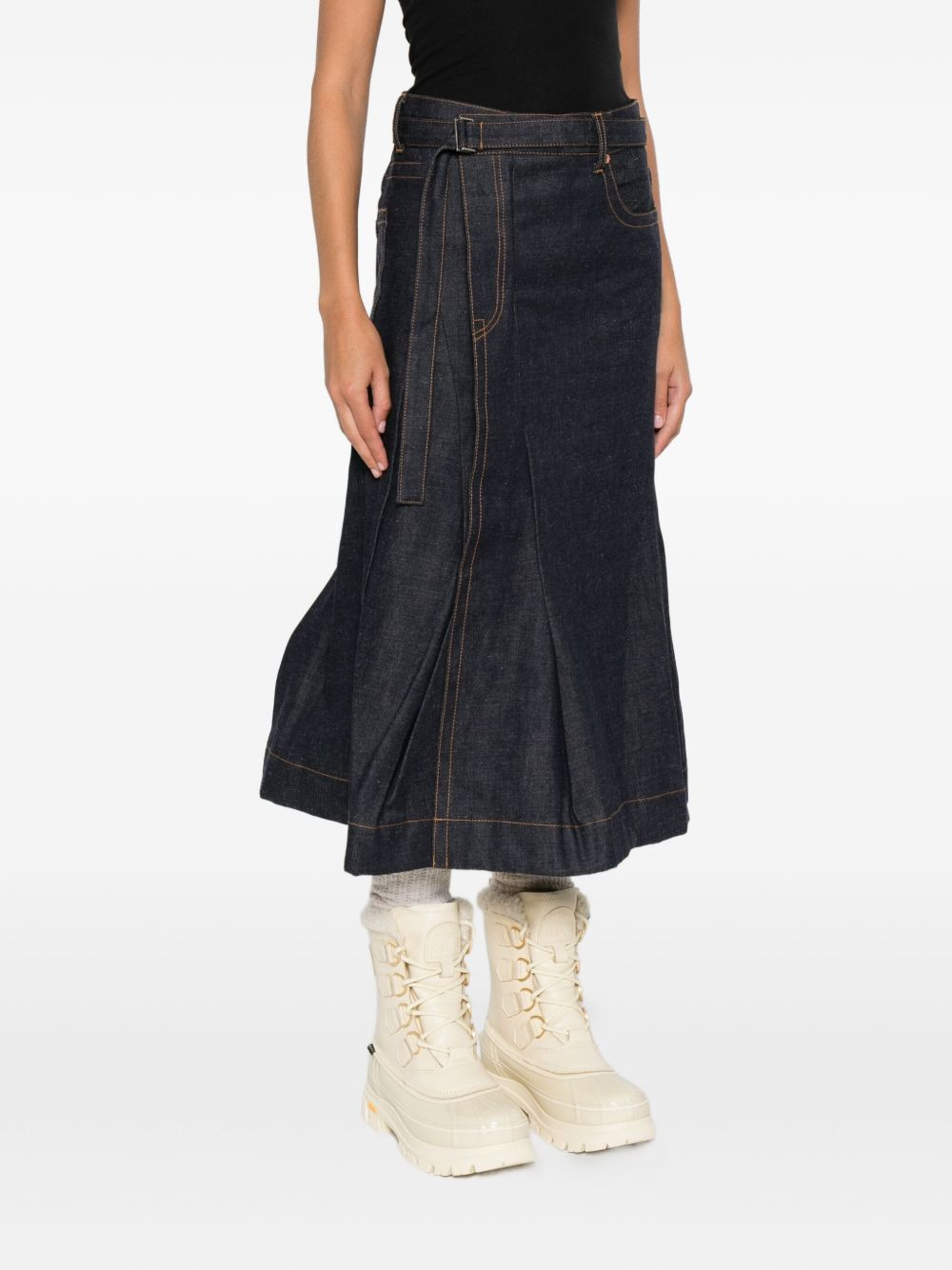 belted pleated denim skirt - 3