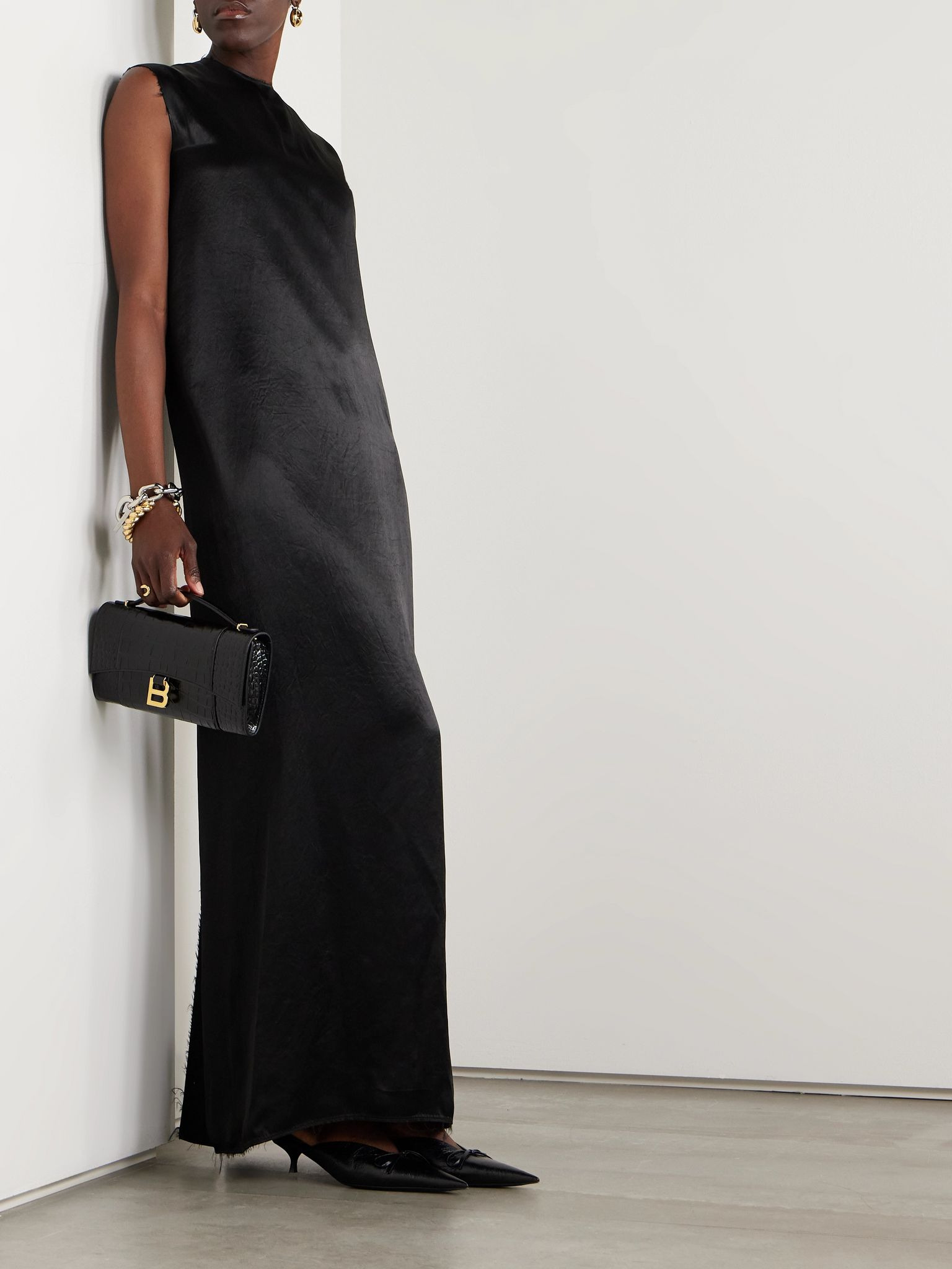 Frayed satin maxi dress Black - 2