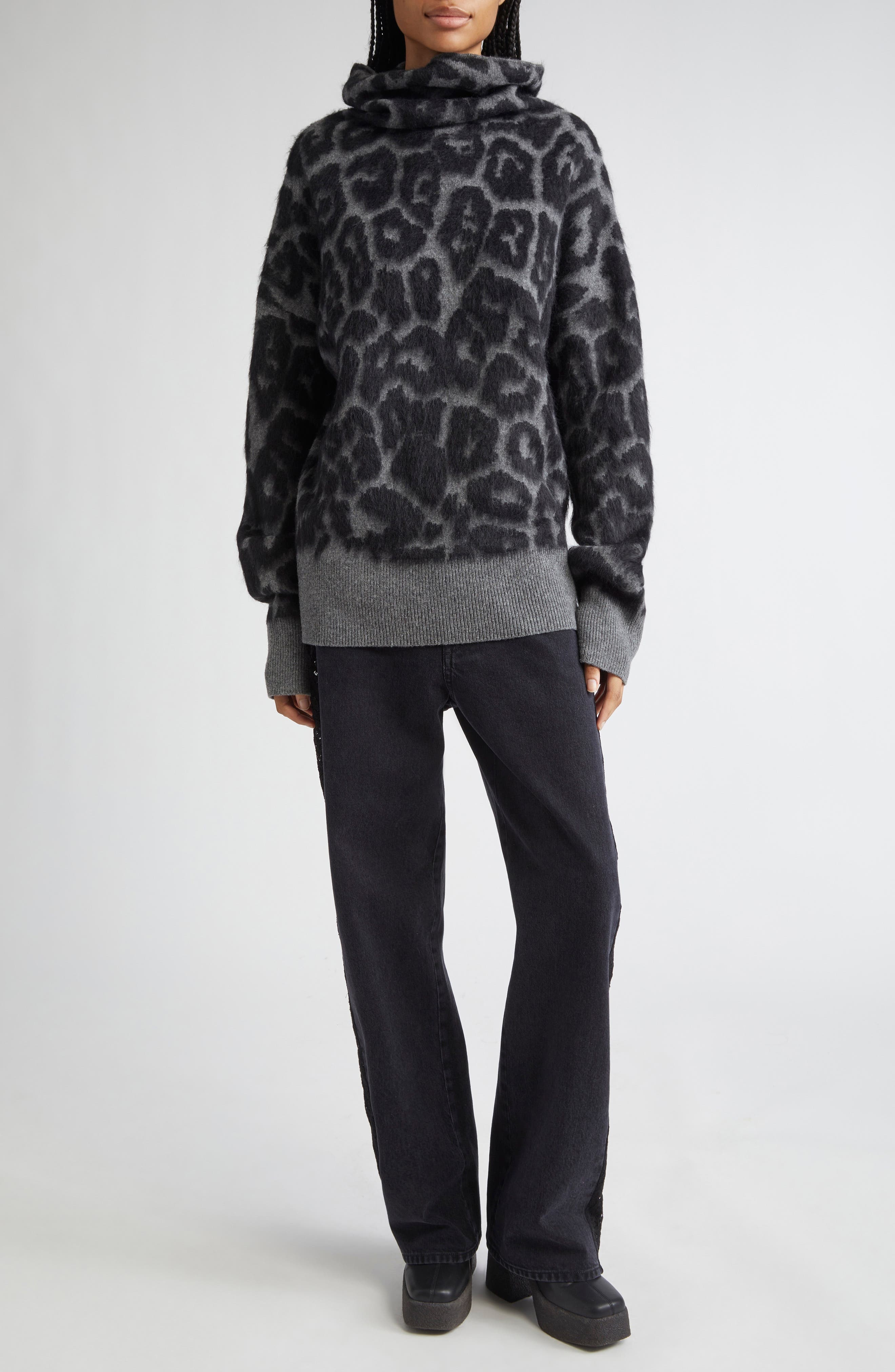 Stella McCartney Leopard Jacquard Virgin Wool Funnel Neck Sweater in 1010 - 2