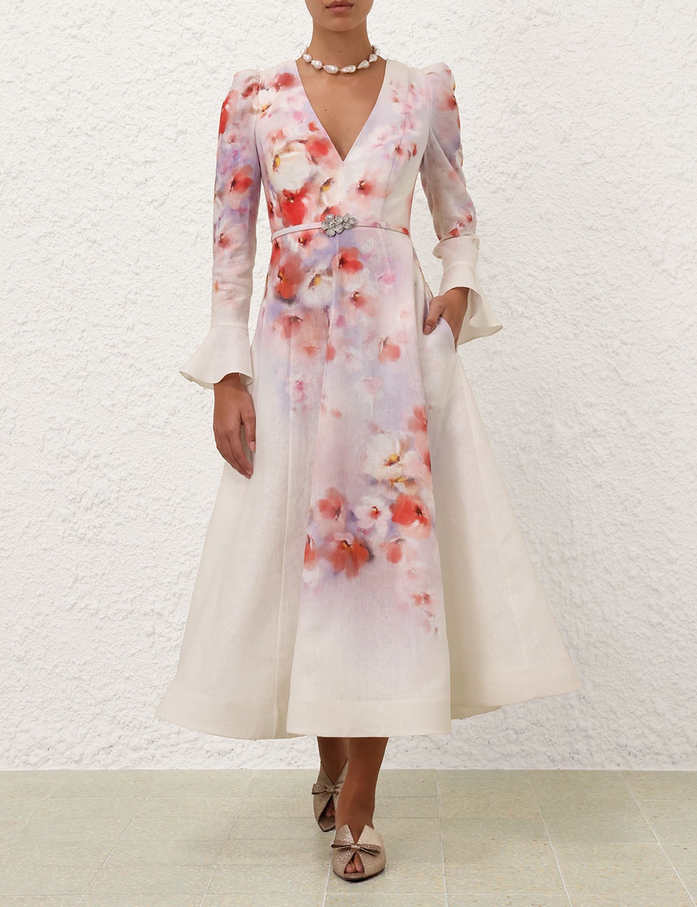 CRUSH FRILL SLEEVED MIDI DRESS - 7