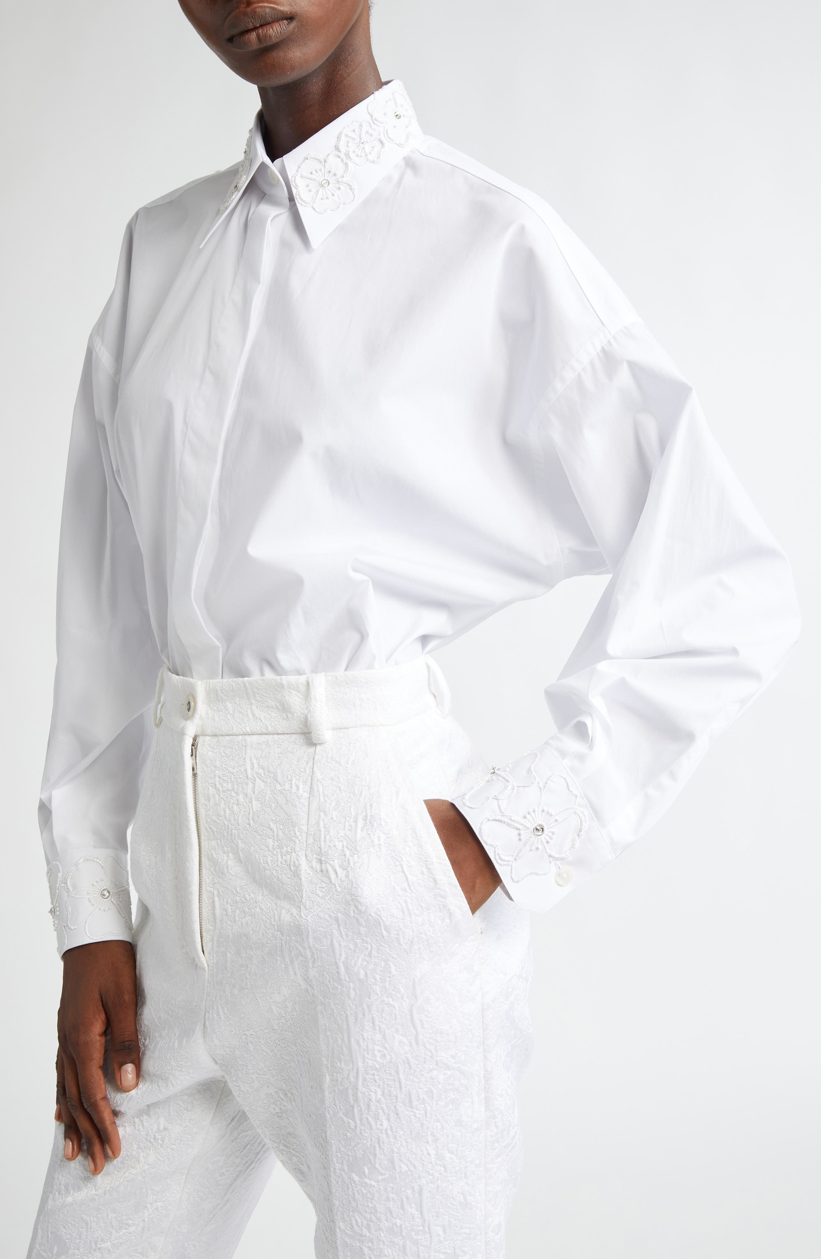 Dolce&Gabbana Embroidered Trim Long Sleeve Cotton Poplin Button-Up Shirt in W0800 Bianco Ottico at N - 5