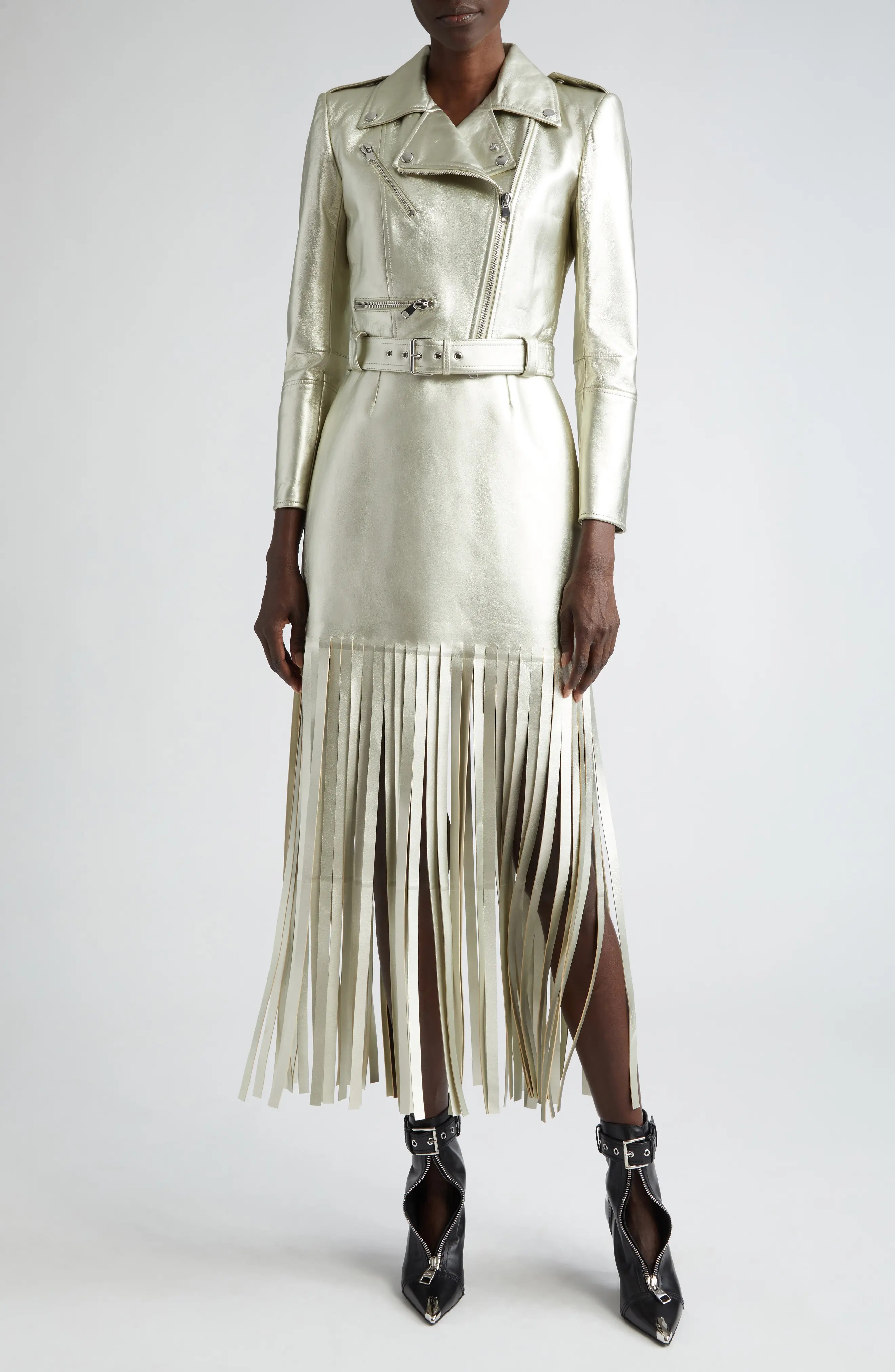 Fringe Metallic Lambskin Leather Dress - 2